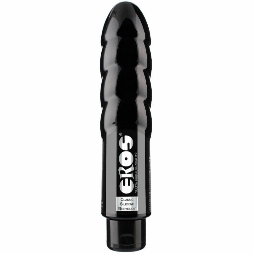 Prodotto nero con superficie scanalata. Scritta "Eros" e "Classic Silicone Bodyglide".