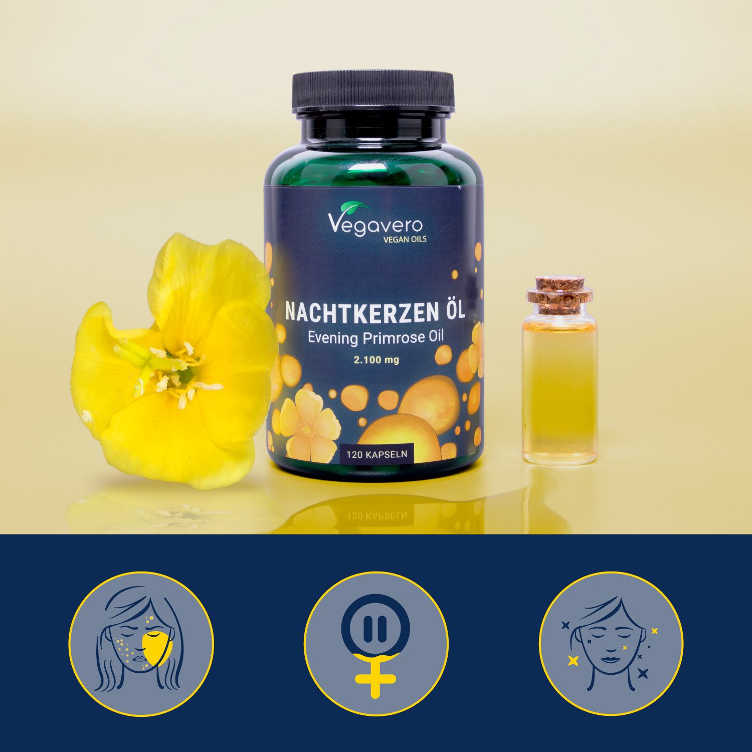 Flacone verde Nachtkerzen Öl, fiore giallo, piccola fiala di vetro con liquido, illustrazioni. Viso, donna, segno.