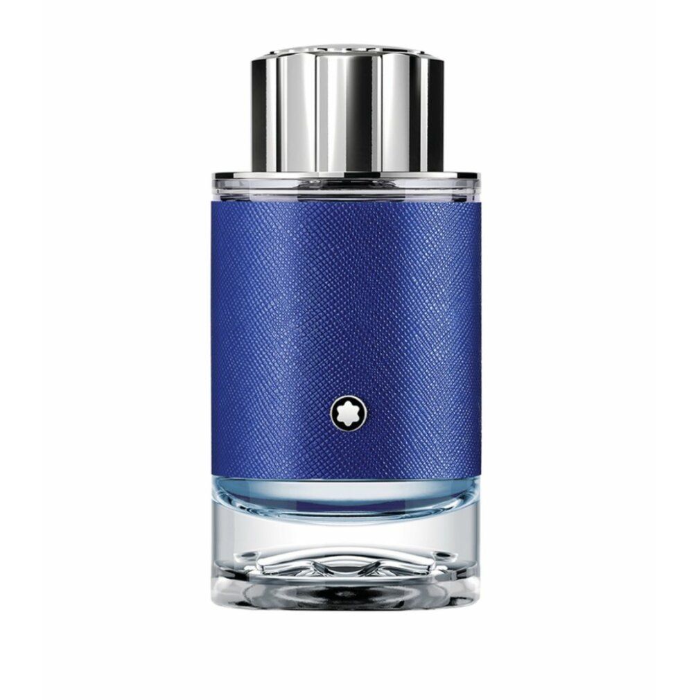 Flacone Montblanc Explorer Eau de Parfum con fascia in pelle blu e tappo argentato.