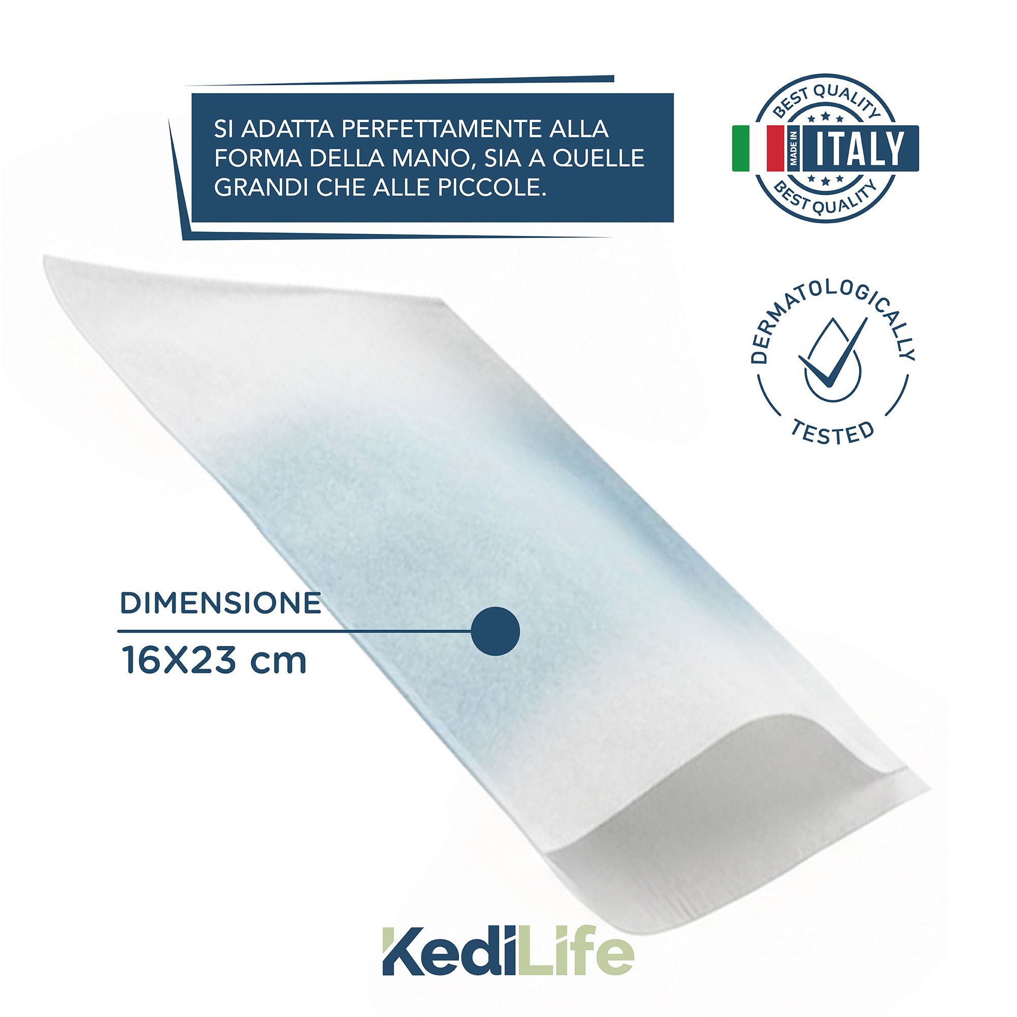 Singolo guanto lavamani monouso. Dimensioni: 16x23 cm. Con marchio di qualità italiano e dermatologicamente testato.