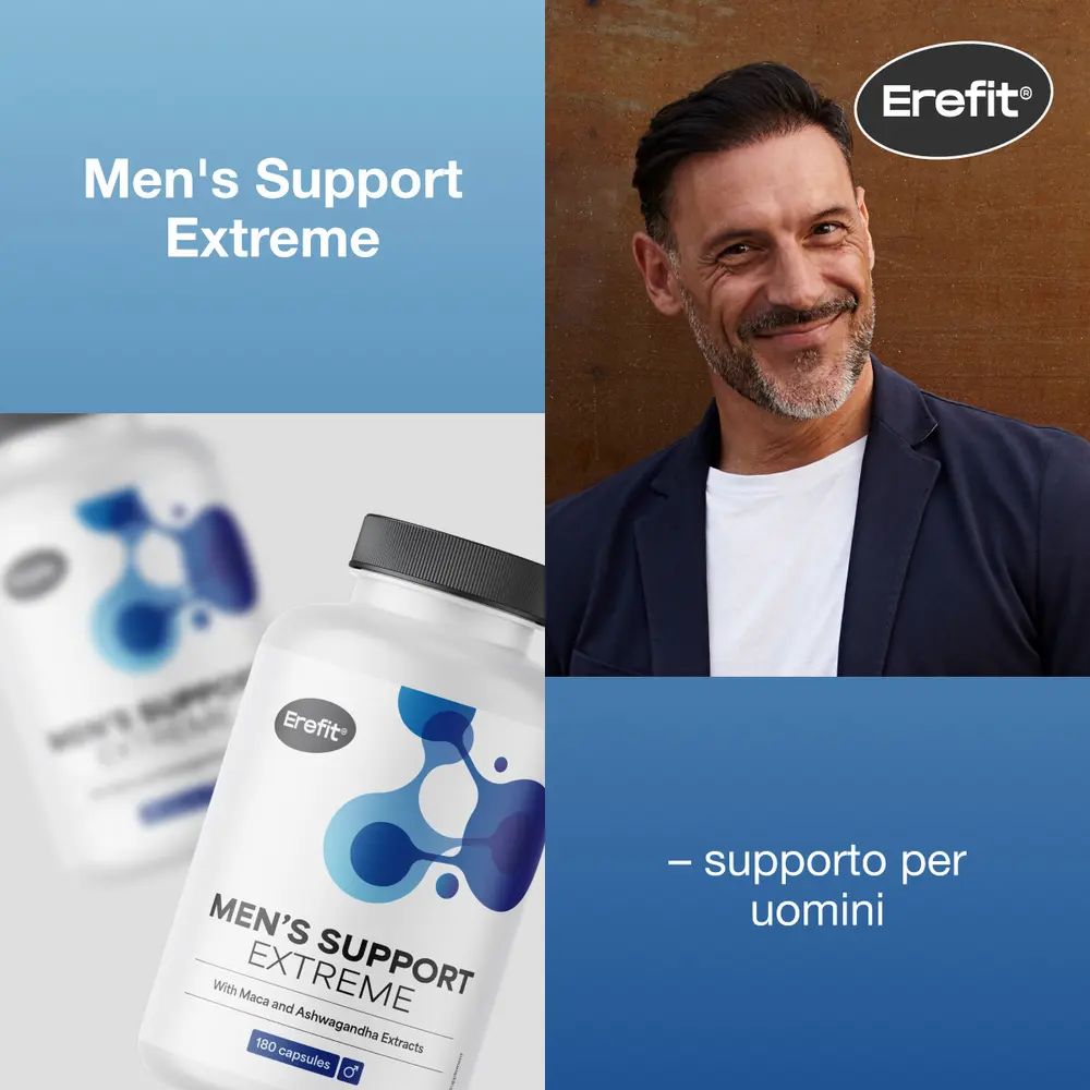 Due immagini. Flacone Men's Support Extreme. Marchio: Erefit. Uomo sorridente. Testo: Supporto per uomini.
