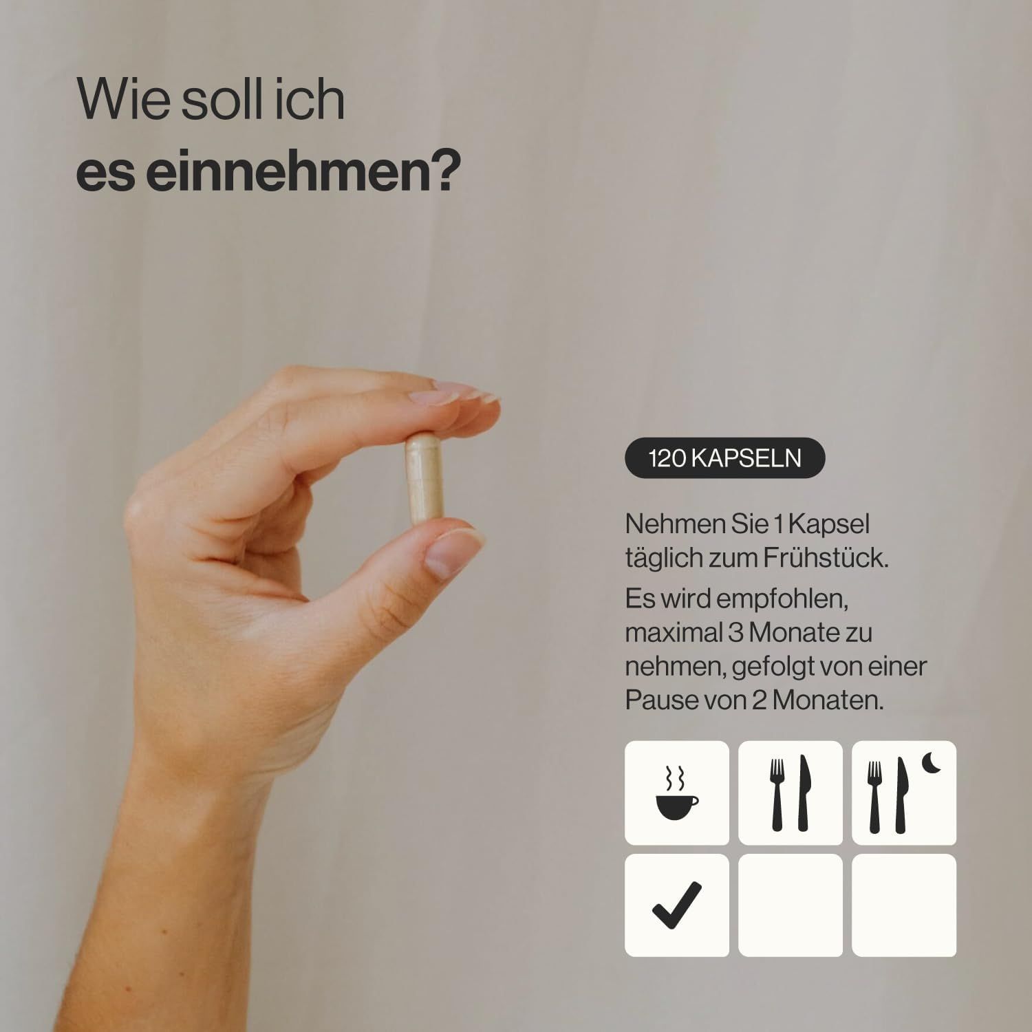 Mano che tiene una capsula. Testo: 120 capsule. Consigli per l'assunzione con simboli: colazione, pranzo, cena, spunta.