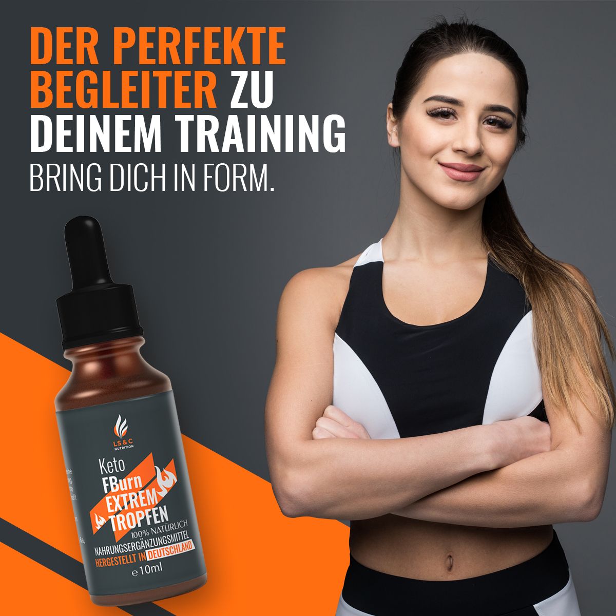 Flacone del prodotto accanto a una donna. Testo: Il compagno perfetto per il tuo allenamento. Mettiti in forma. Sfondo arancione.