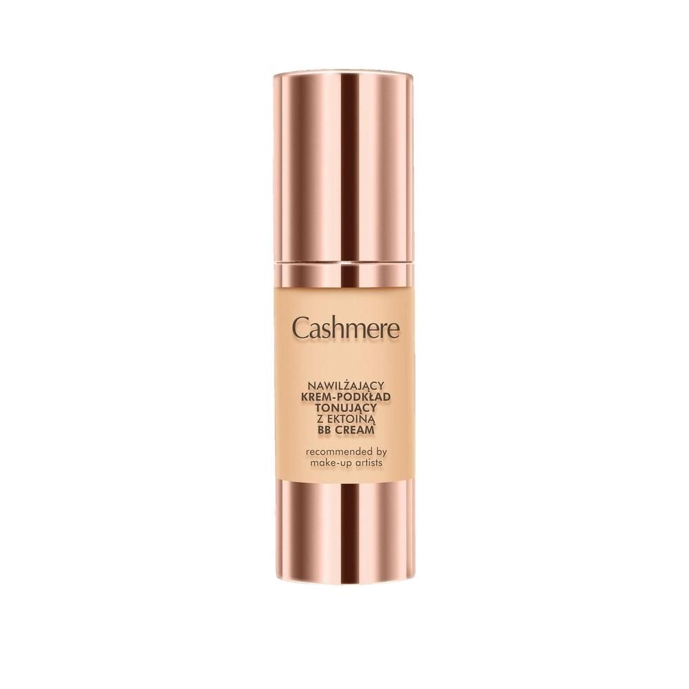 Flacone di crema BB Cashmere beige con tappo color rame. Testo: Cashmere, BB Cream, consigliato dai truccatori.