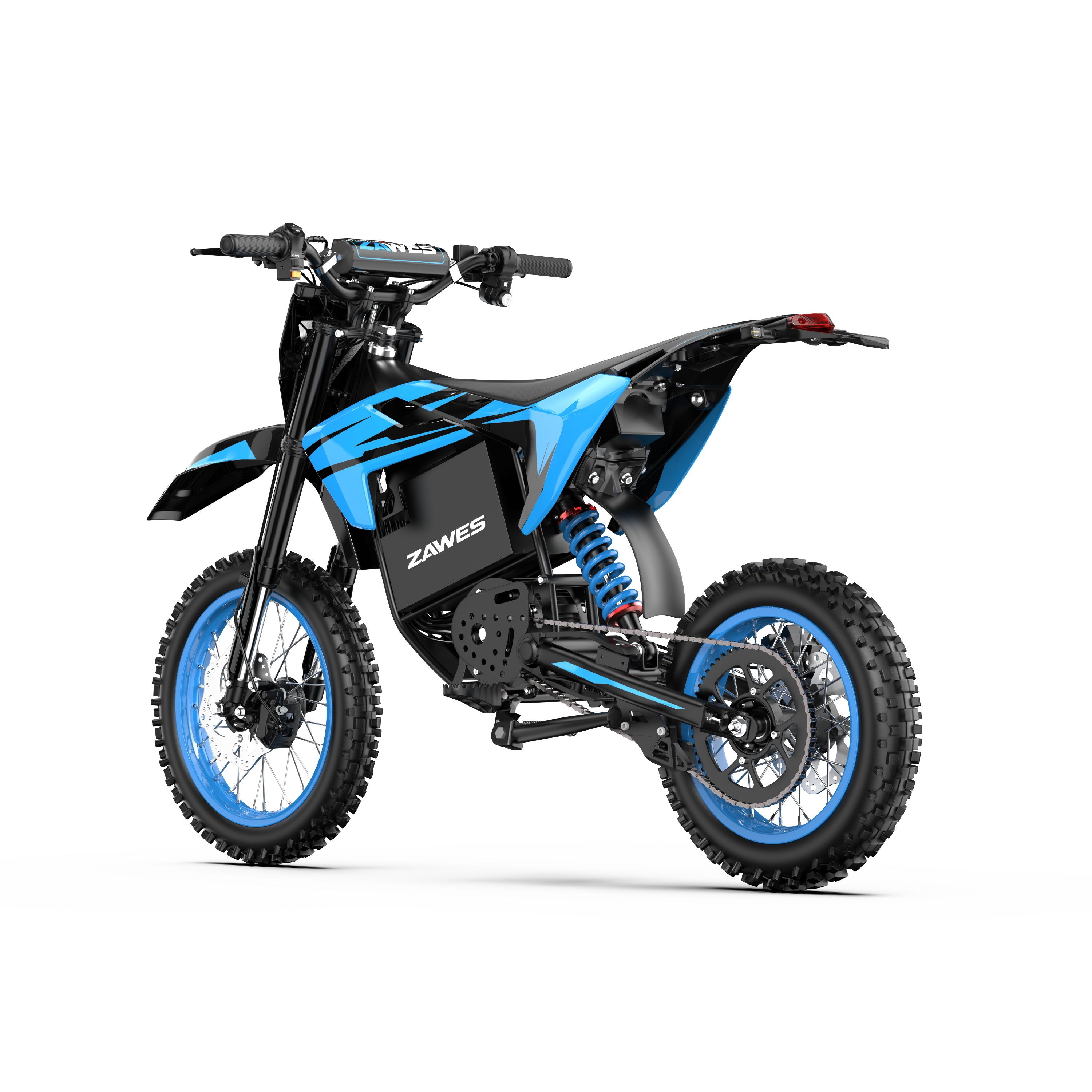 Moto cross elettrica nera e blu. Cerchi blu, pneumatici neri. Marchio "ZAWES" visibile.