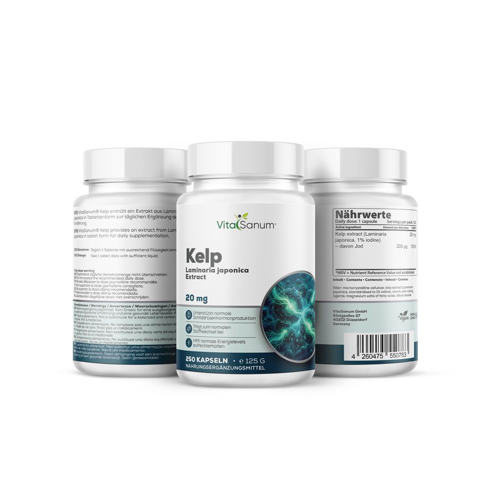 Tre flaconi bianchi con etichette. Uno reca "VitaSanum Kelp". Testo: "Laminaria Japonica Extract", "20 mg", "250 capsule".