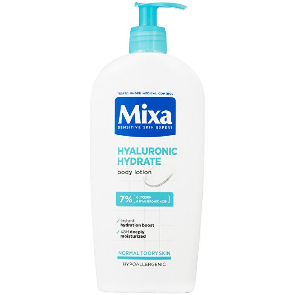 Flacone bianco con dosatore blu. Scritta Mixa. Testo: Hyaluronic Hydrate body lotion, 7% Glicerina & Acido Ialuronico.