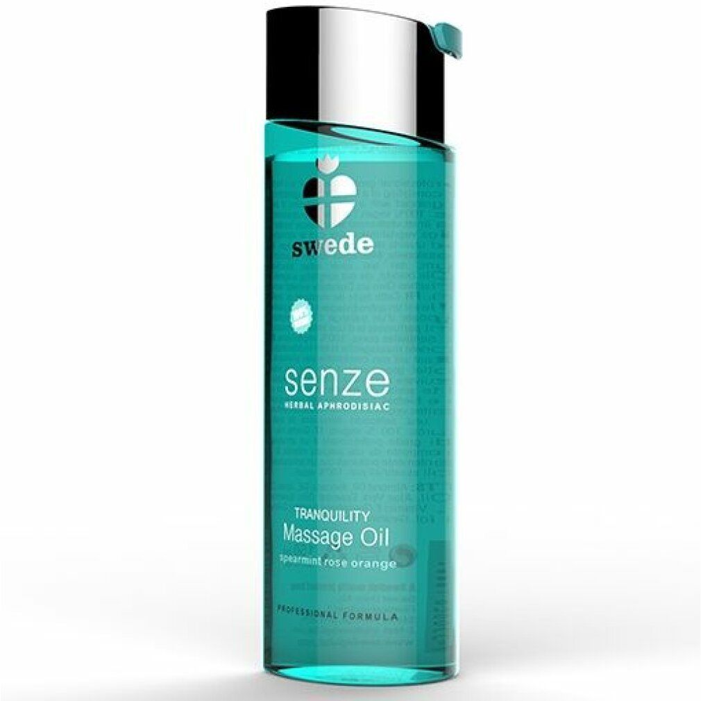 Flacone turchese con tappo argentato. Scritta: swede, senze, Massage Oil. Testo: Spearmint Rose Orange.