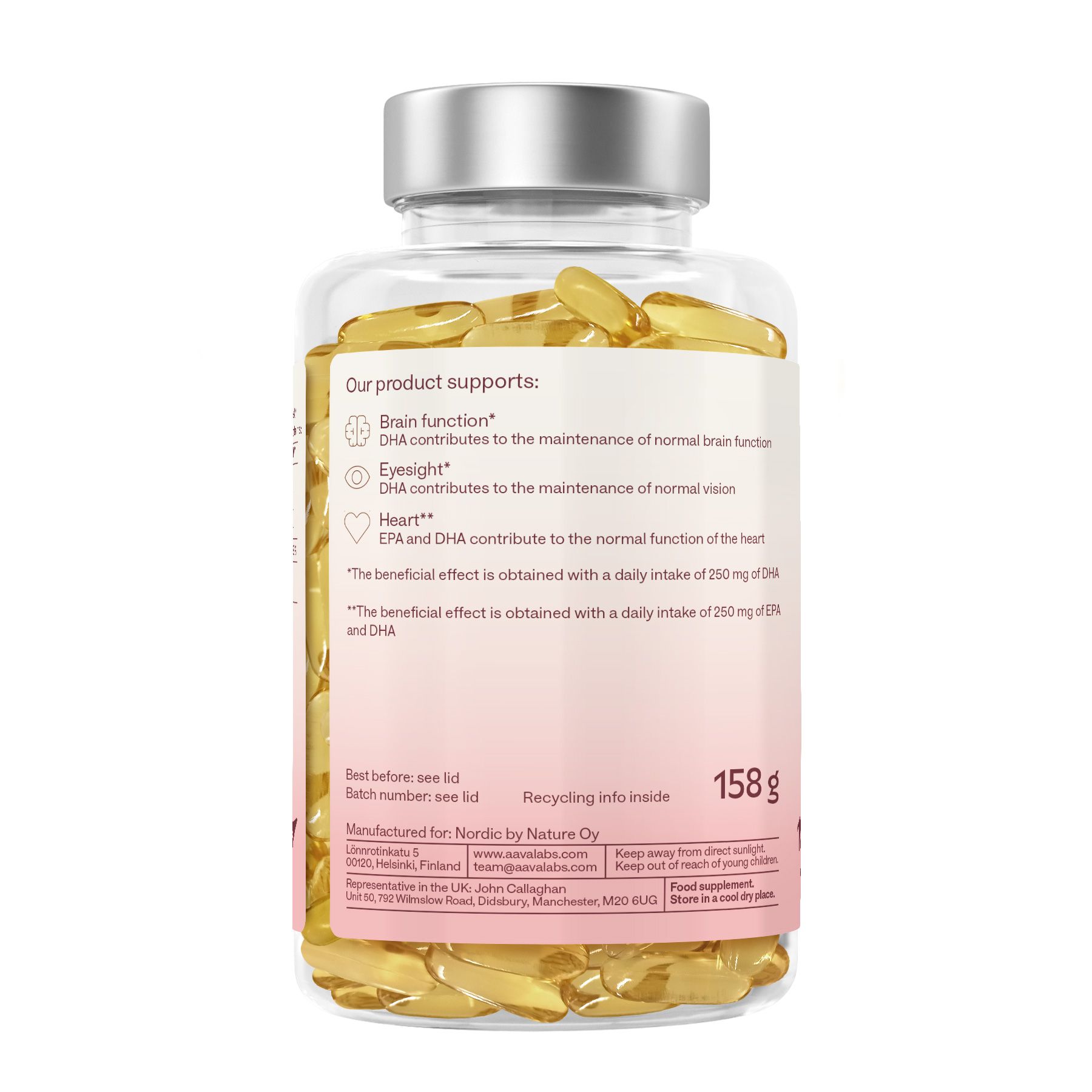 Retro del flacone con capsule gialle. Informazioni sul supporto a cervello, occhi e cuore. Peso: 158 g.