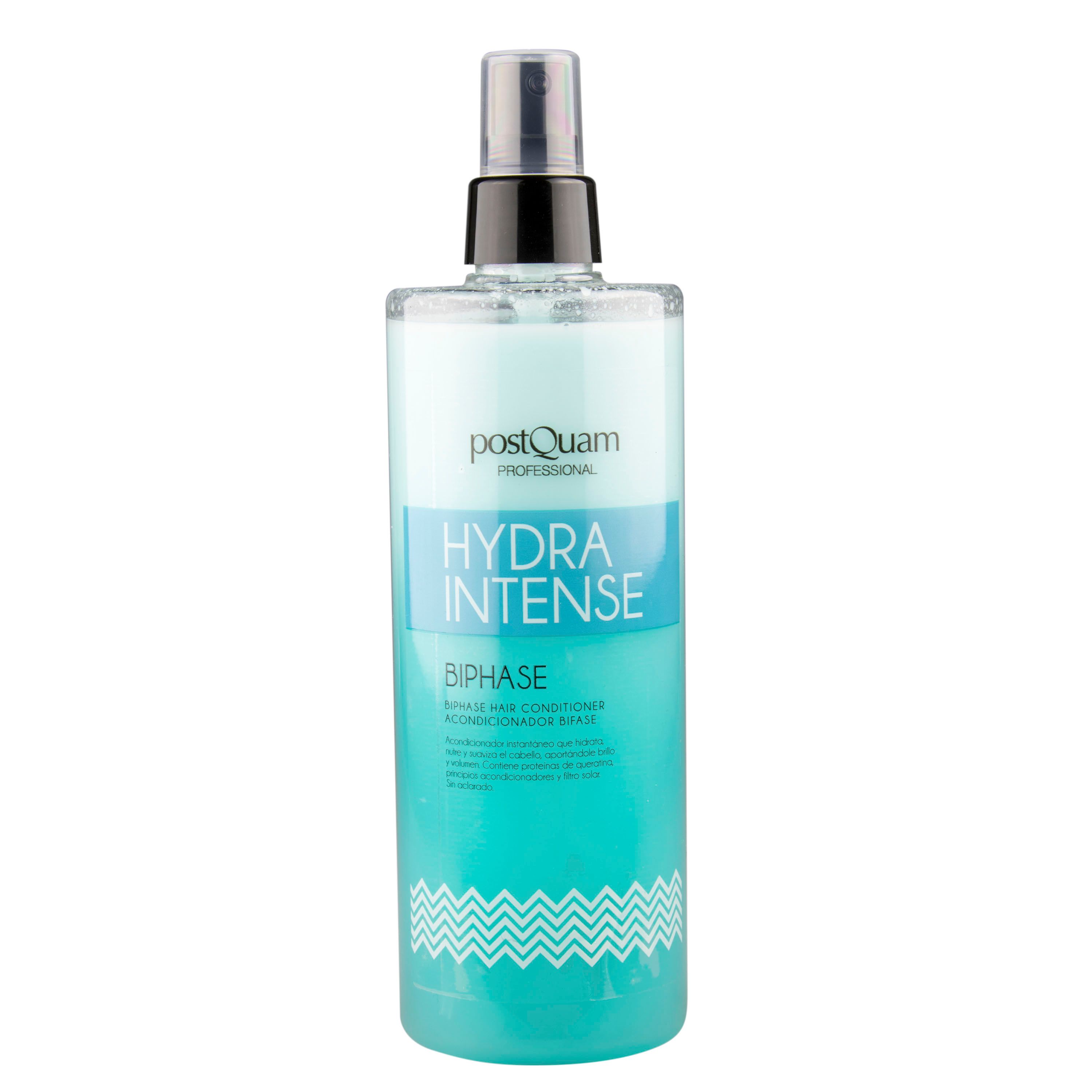 Spray blu e bianco. Scritta: Postquam, Hydra Intense, Biphase. Balsamo bifasico.