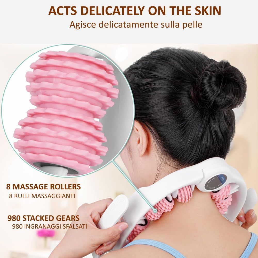 Primo piano di un rullo massaggiante bianco con rulli rosa utilizzato sul collo di una persona. Otto rulli sono visibili.