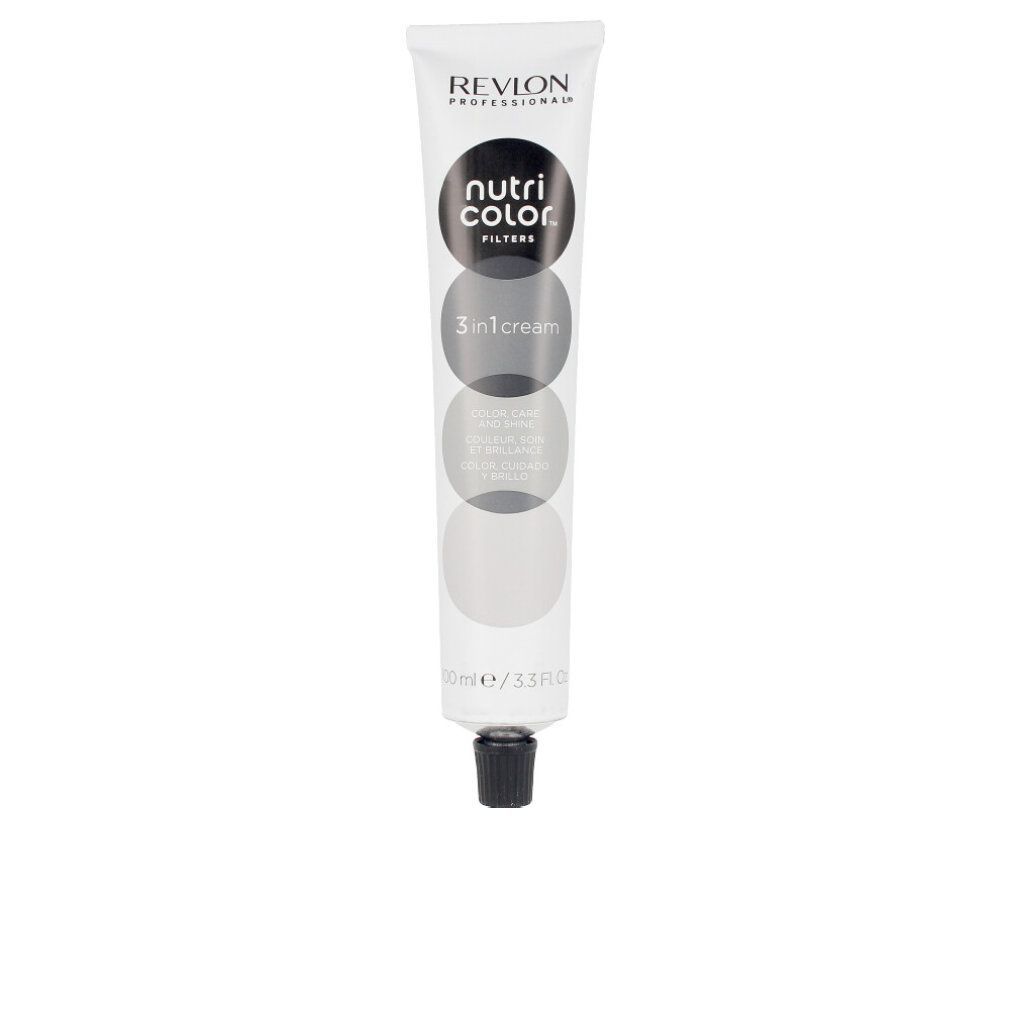 Tubo bianco con tappo nero. Scritta: Revlon Nutri Color Filters 3in1 Cream. 100ml/3.3 Fl Oz.