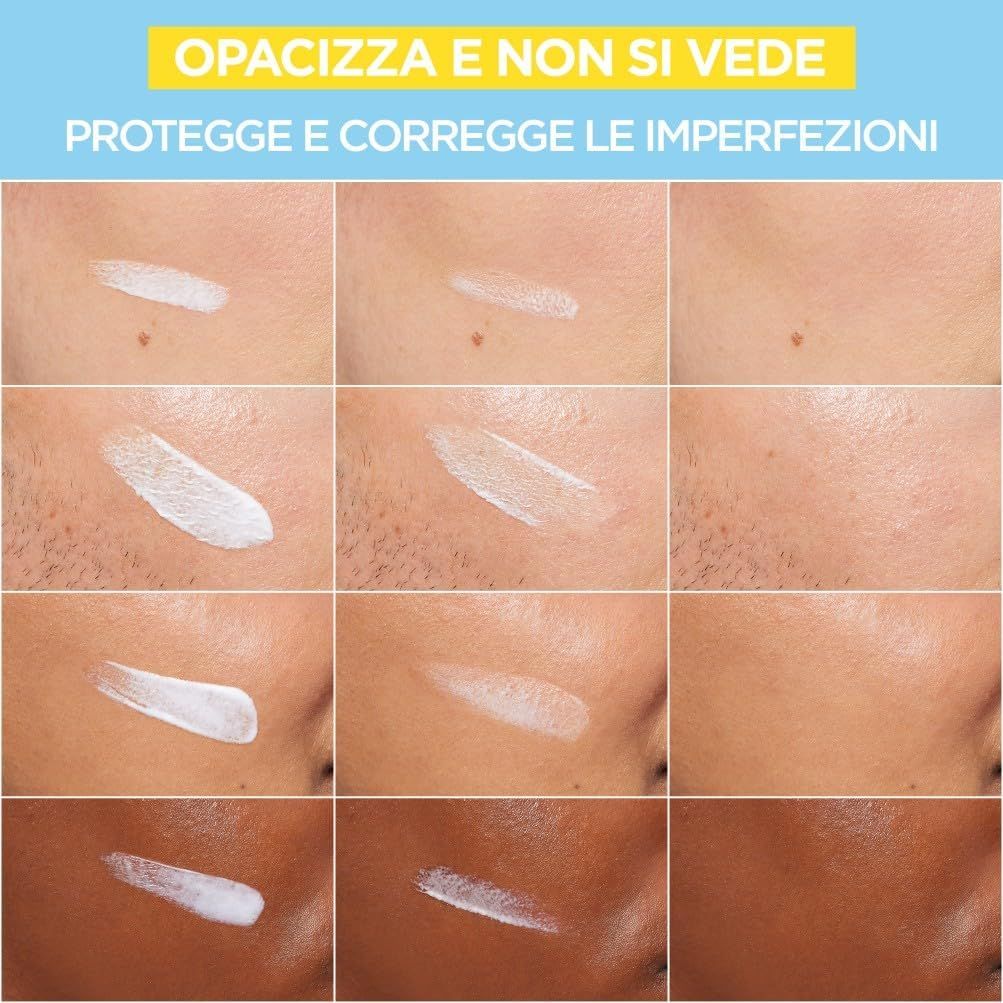 Garnier Hautklar BHA + Niacinamide Daily UV. Applicazione sulla pelle. Testo: Protegge e corregge le imperfezioni.