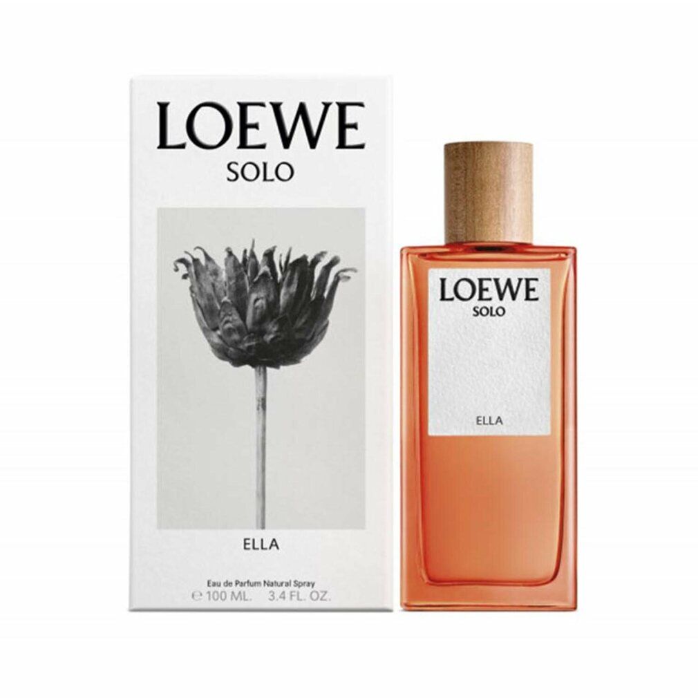 Loewe Solo Ella Eau de Parfum Spray. Flacone e confezione. Flacone rettangolare con tappo in legno. Confezione con motivo floreale e logo.