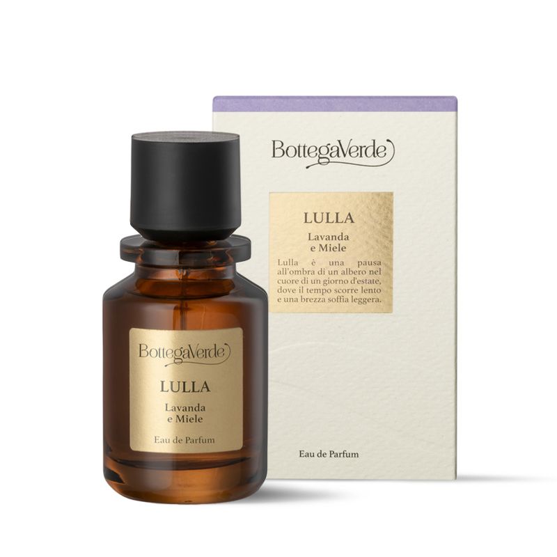 Bottega Verde Lulla Eau de Parfum flacone e confezione. Flacone in vetro ambrato con tappo nero.