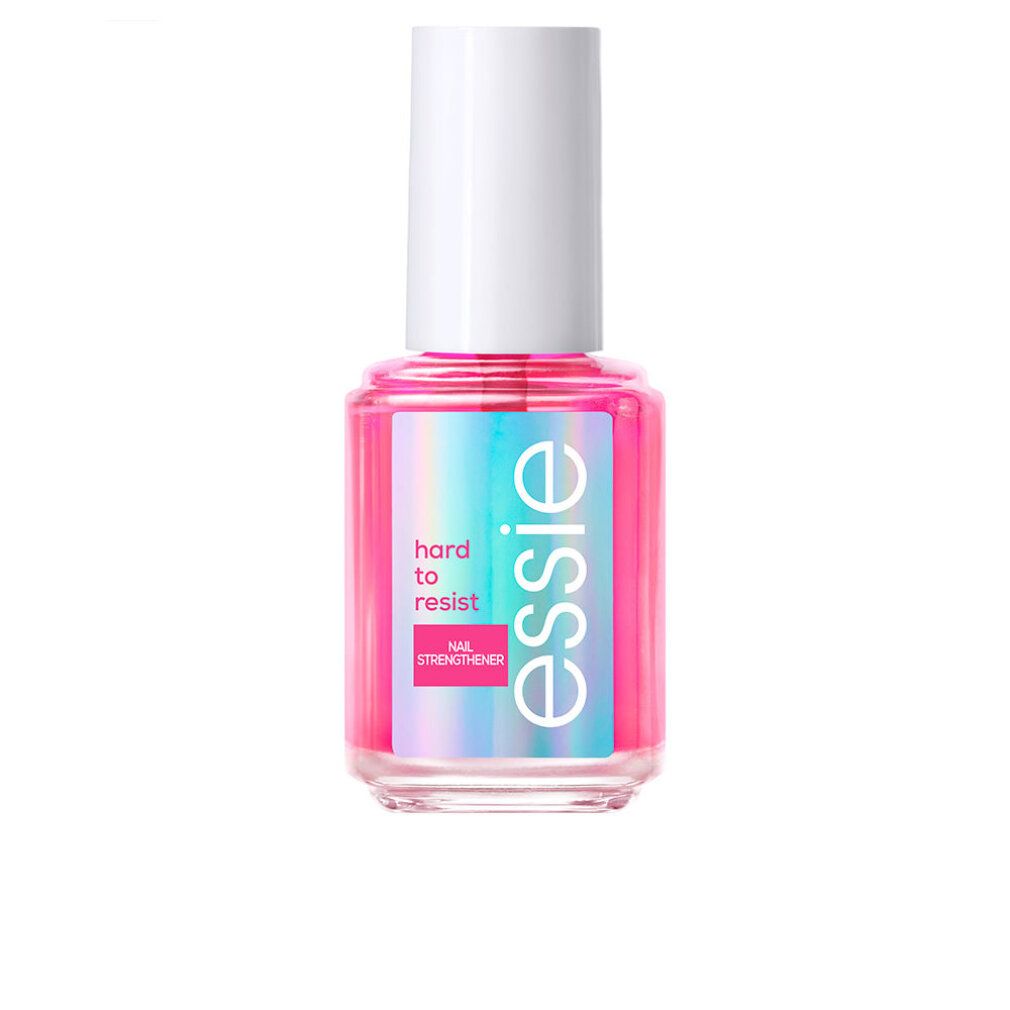 Flacone rosa di rinforzante per unghie con tappo bianco. Etichetta con "essie", "hard to resist" e "Nail Strenghtener".