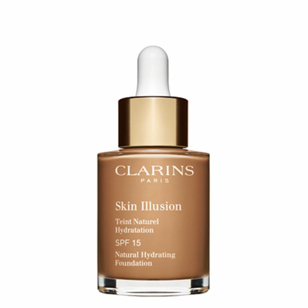 Flacone di fondotinta liquido. Scritte: Clarins, Skin Illusion, Teint Naturel Hydratation, SPF 15, Natural Hydrating Foundation.