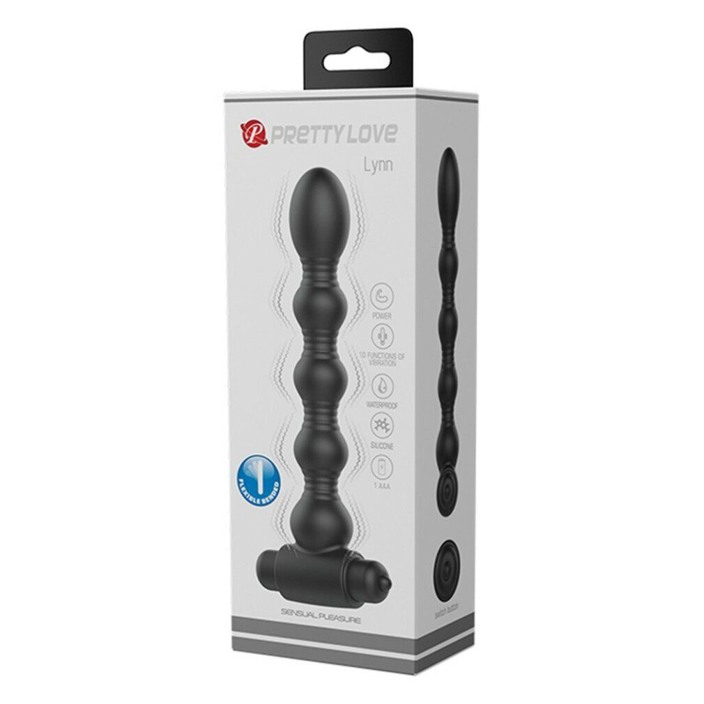 Confezione con plug anale nero. Scritta: Pretty Love, Lynn. Immagine del prodotto e icone.
