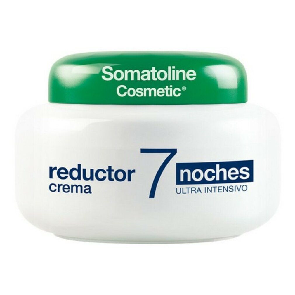 Vasetto bianco, coperchio verde. Scritta: Somatoline Cosmetic, Reductor 7 Noches Crema.