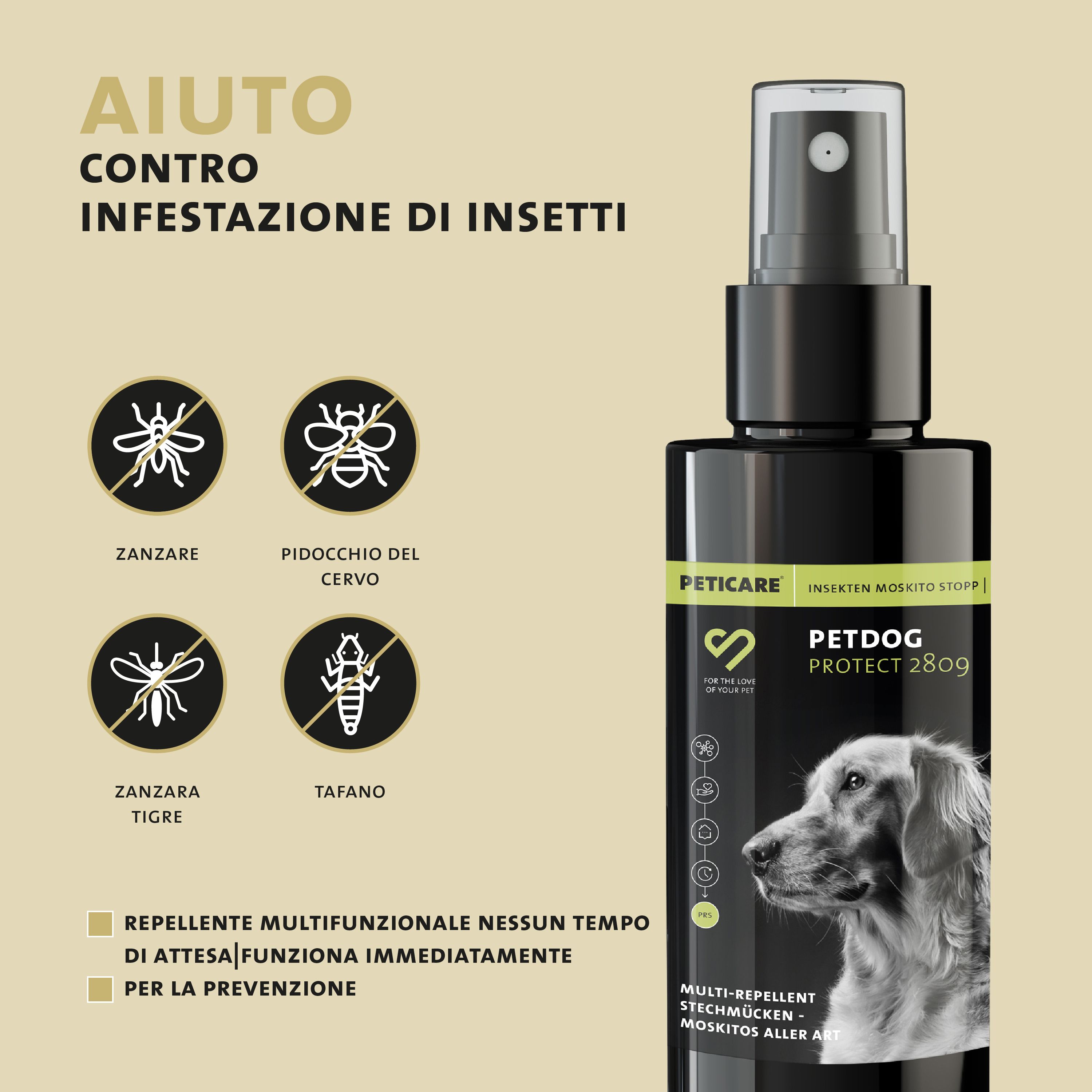 Flacone con spruzzatore. Testo: Aiuto contro l'infestazione da insetti. Grafici che mostrano zanzare, tafani, zanzare tigre.