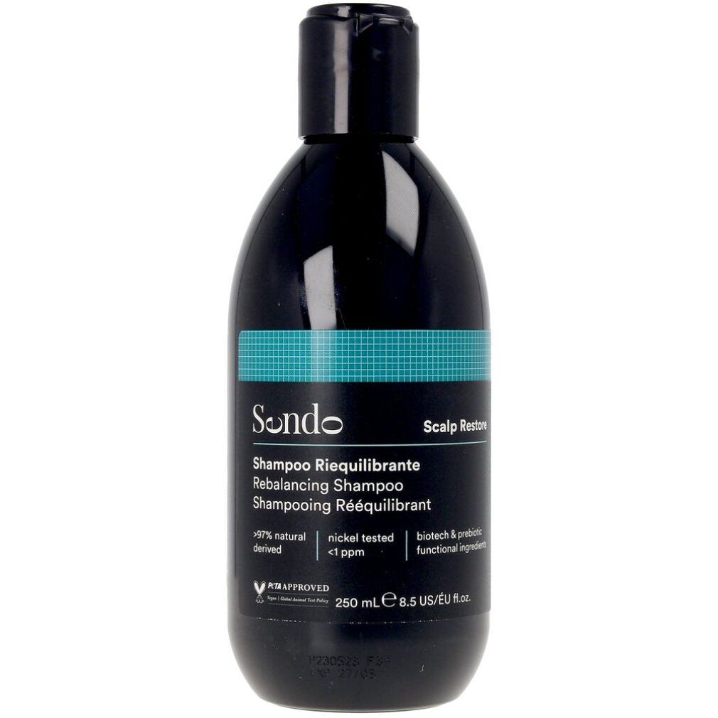 Flacone nero con fascia turchese. Scritto: Sondo, Shampoo Riequilibrante, Rebalancing Shampoo, 250 ml. Sigillo vegano.