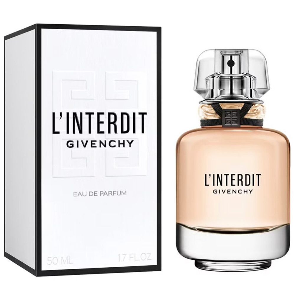 Flacone di profumo e scatola. Flacone con contenuto rosa, tappo trasparente. Scatola bianca con testo nero: L'Interdit Givenchy. 50 ml, 1.7 FL. OZ.