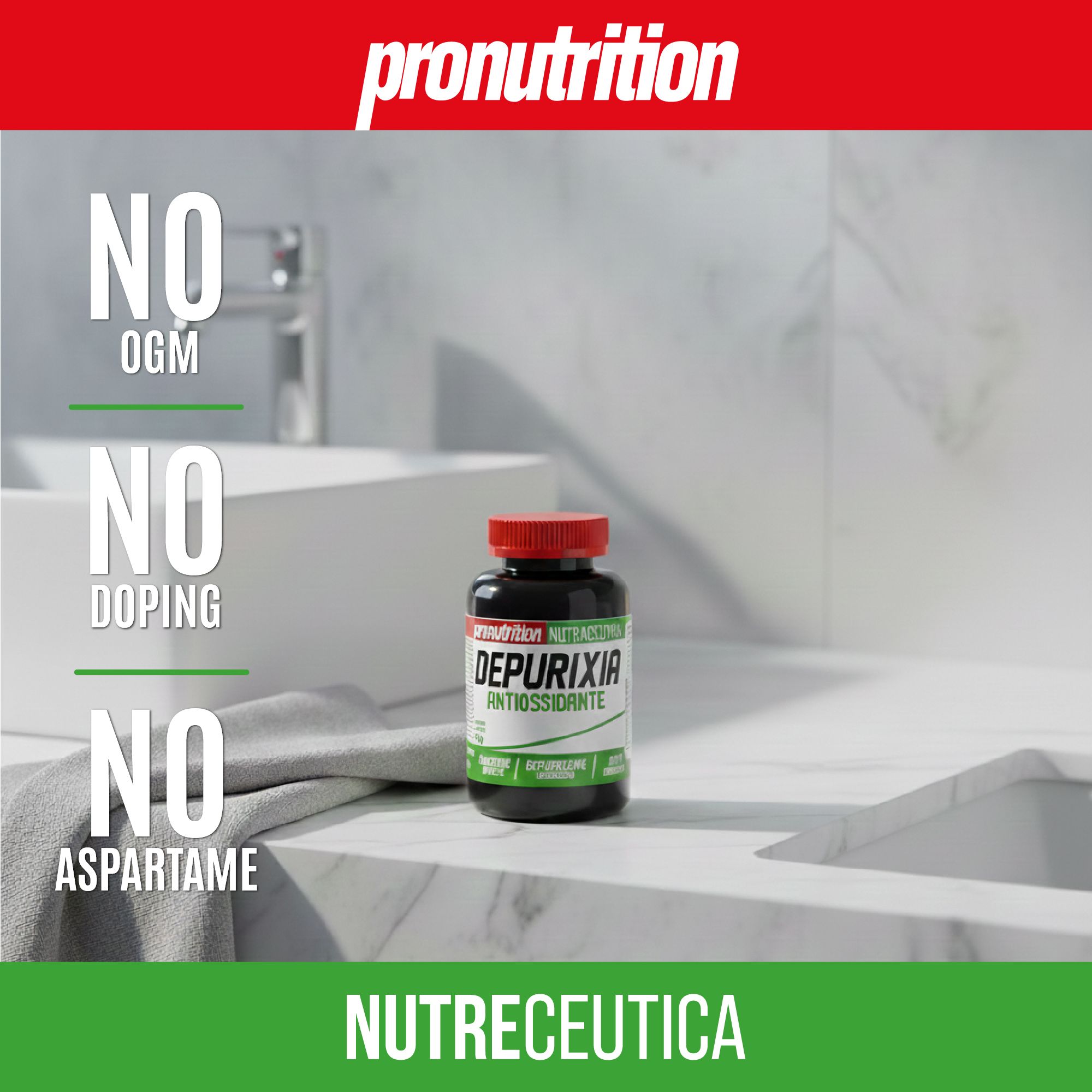 Flacone nero con tappo rosso. Scritta: Depurixia, antiossidante. Su superficie in marmo, con testo: NO OGM, NO DOPING, NO ASPARTAME.