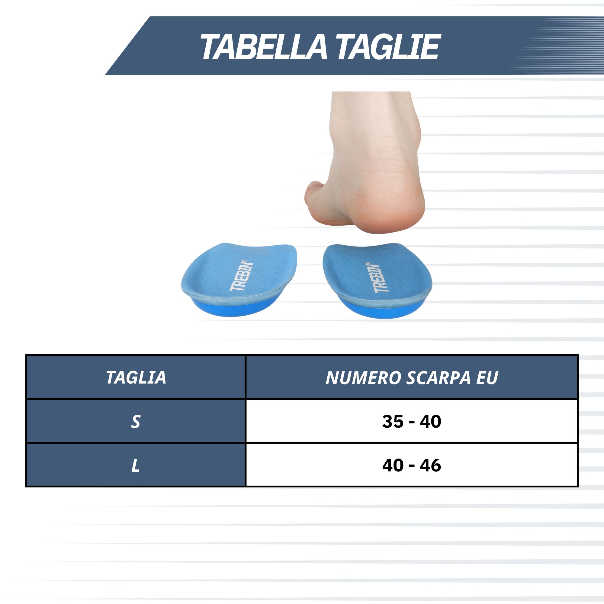 Tabella taglie per solette: S (35-40), L (40-46).