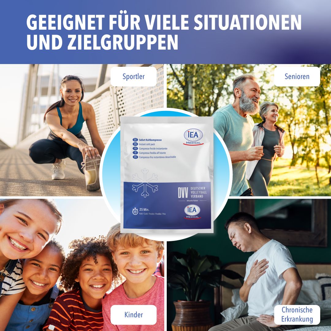 Impacco freddo IEA. Testo: Adatto a molte situazioni e gruppi target. Immagini: atleti, anziani, bambini, malattia cronica.
