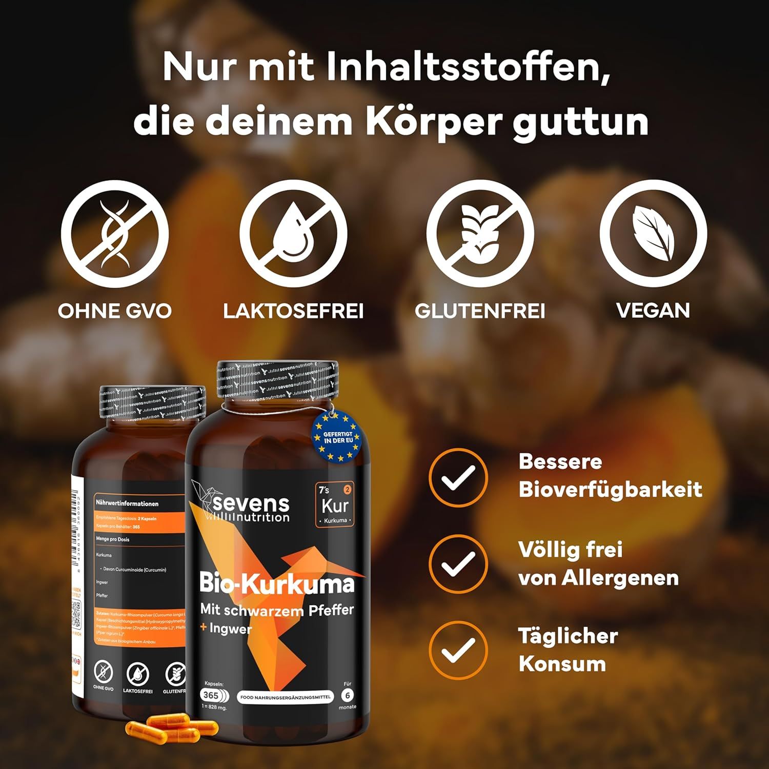 Due barattoli di capsule di curcuma bio, vegan, senza glutine, senza lattosio, senza OGM. Migliore biodisponibilità.