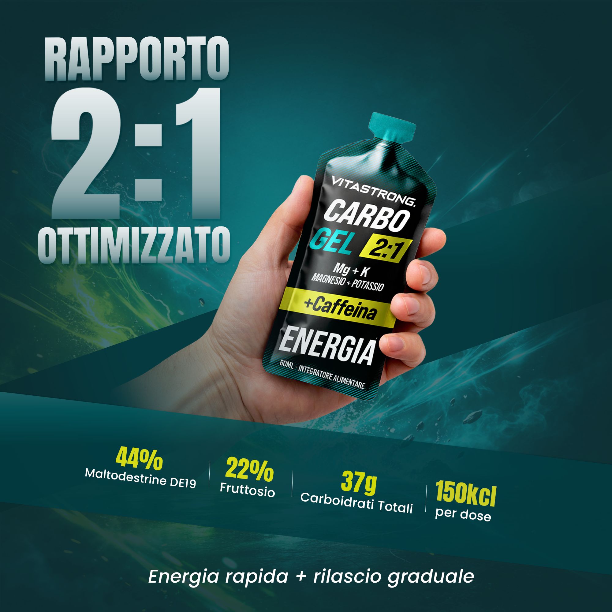 Vitastrong Carbo Gel 2:1 + Koffein. Confezione gel in mano. Testo: Carbo Gel 2:1, Mg + K, Magnesio + Potassio + Caffeina, Energia. Valori nutrizionali.