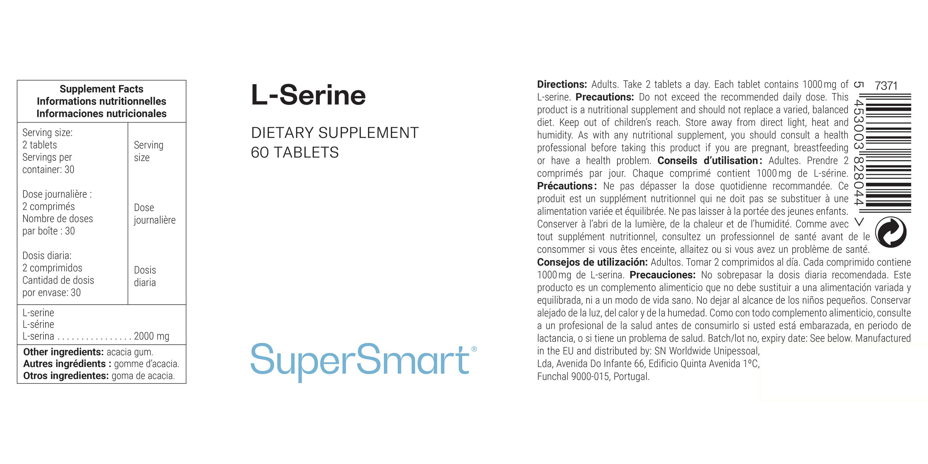 Etichetta di L-Serina. Informazioni nutrizionali, ingredienti e istruzioni per l'uso. Marchio: SuperSmart.