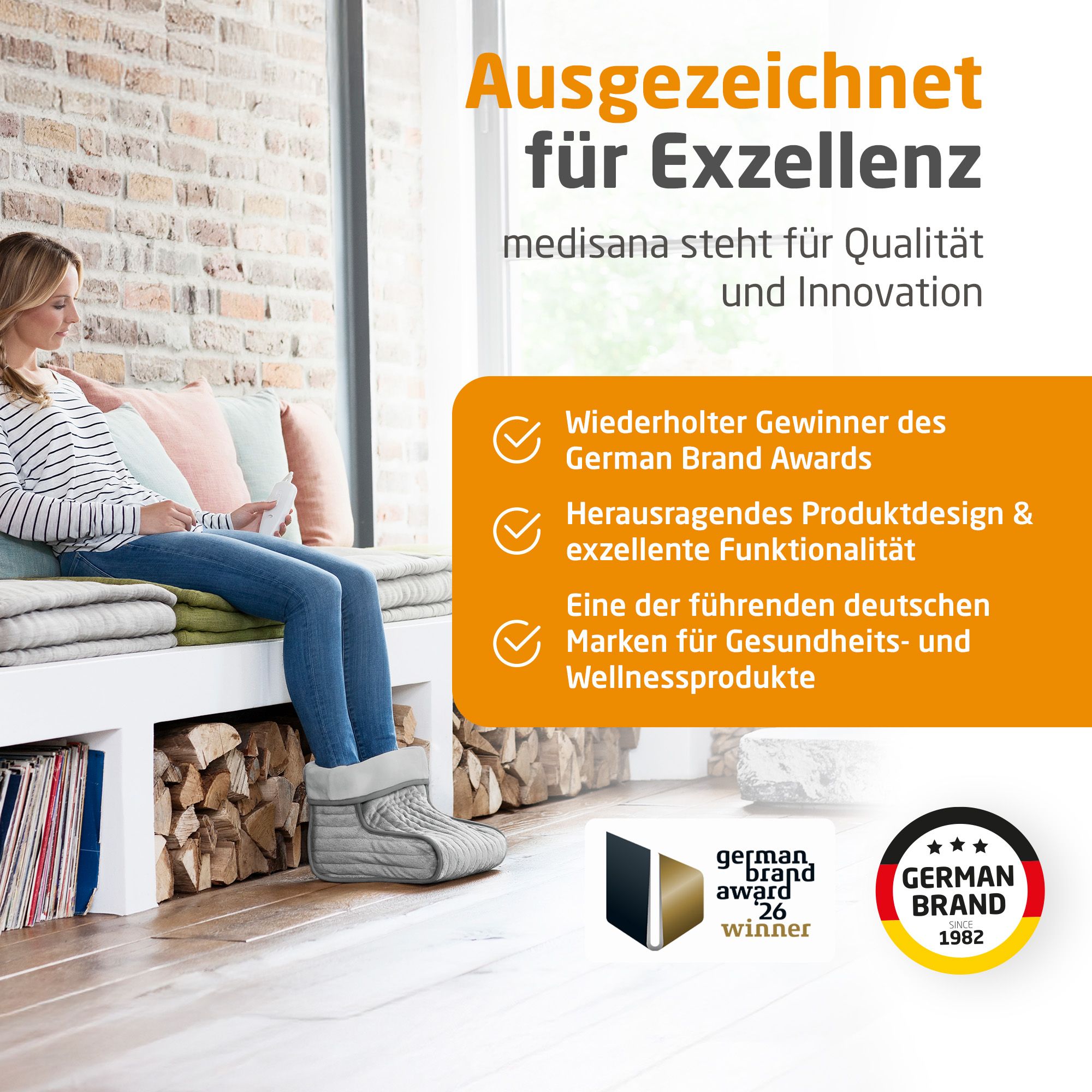 Scaldapiedi grigio, vincitore multiplo del German Brand Award per design e funzionalità.