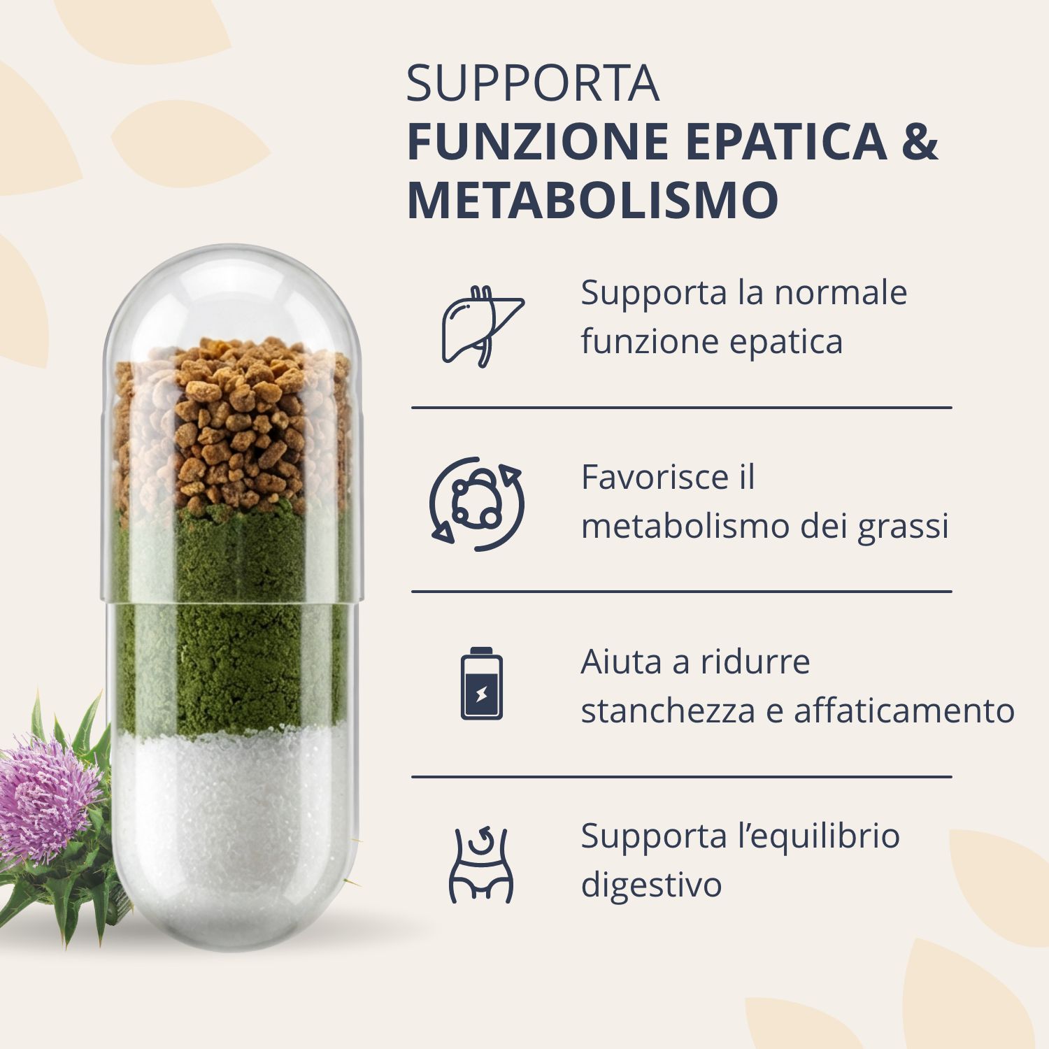 Una donna tiene una bottiglia di Golden Tree Liver Complex e sorride, con una citazione su una sensazione di leggerezza.