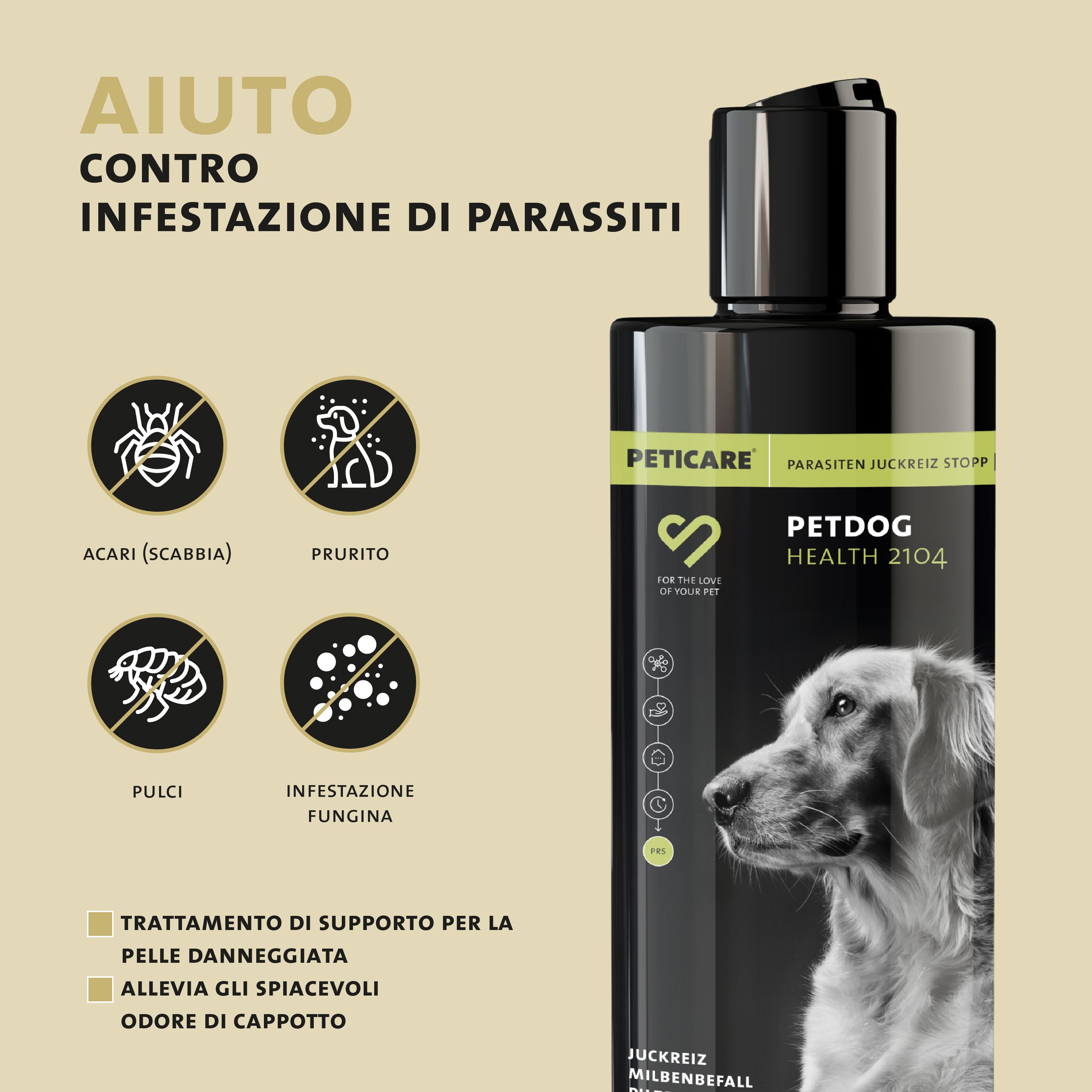 Flacone di shampoo nero. Testo: Aiuto contro l'infestazione da parassiti. Acari, prurito, pulci, infezione fungina. Simboli.