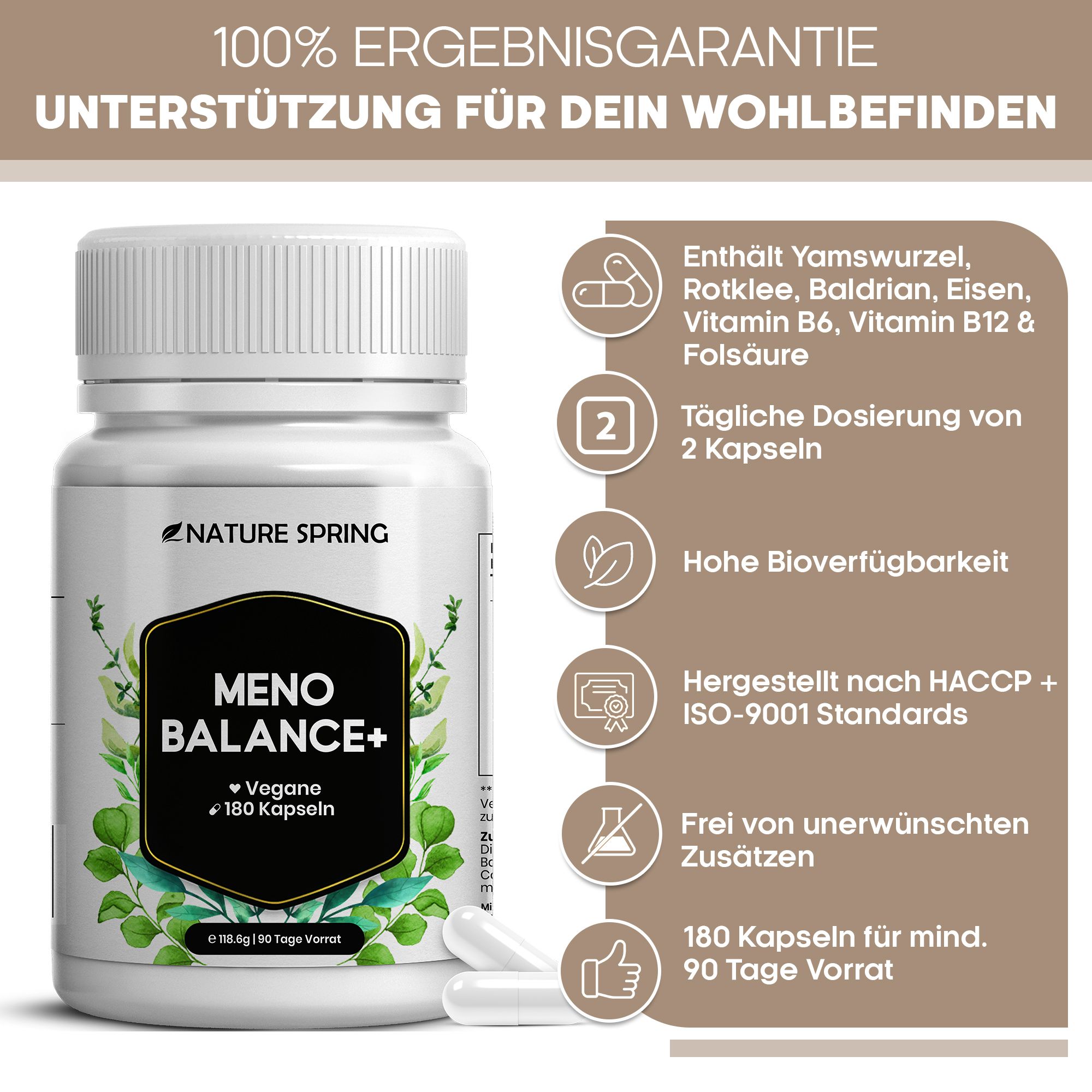 Barattolo Nature Spring Meno Balance+ 180 capsule. Contiene igname, trifoglio rosso, valeriana, ferro.