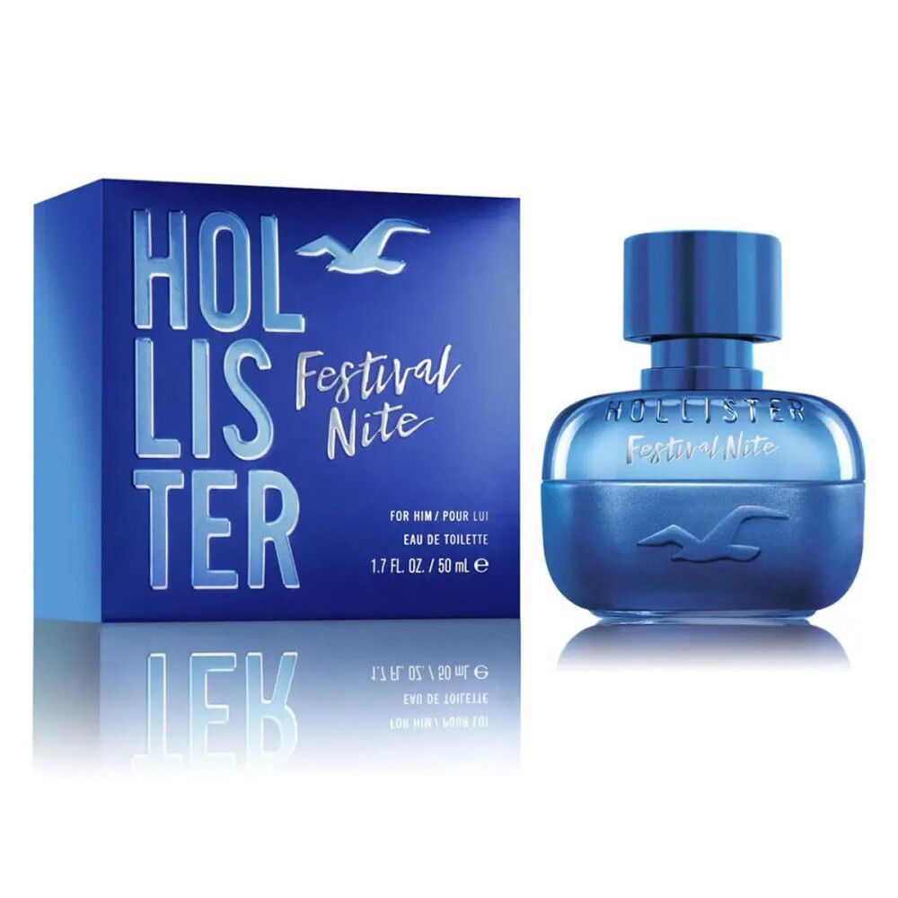 Scatola e flacone blu. Scritta: Hollister Festival Nite. Flacone con logo gabbiano.
