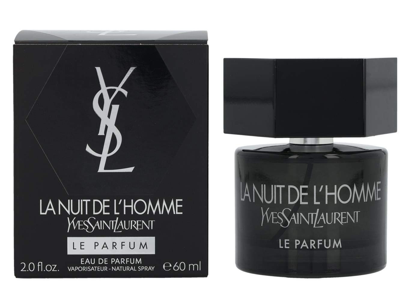 Confezione e flacone neri. Scritta: La Nuit de L'Homme, Yves Saint Laurent, Le Parfum. 60 ml.