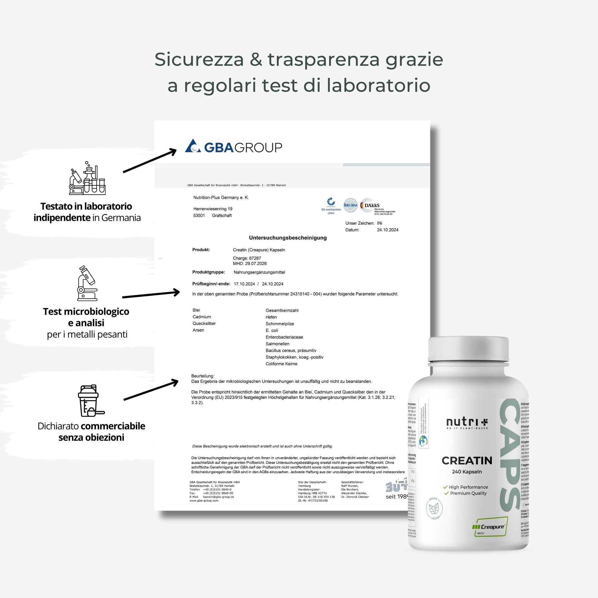 Infografica francese: Sicurezza e trasparenza grazie a test di laboratorio regolari.