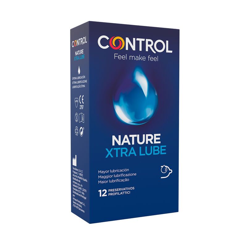 Confezione da 12 preservativi Control Nature Xtra Lube. Scatola blu con simbolo a goccia d'acqua.
