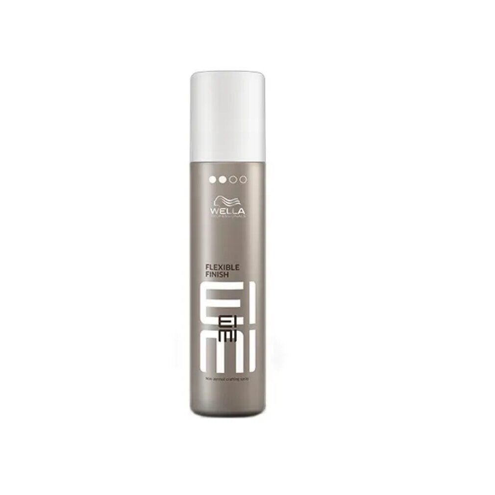 Flacone spray per capelli. Cilindrico, grigio-argento con tappo bianco. Scritte: Wella, Eimi, Flexible Finish.