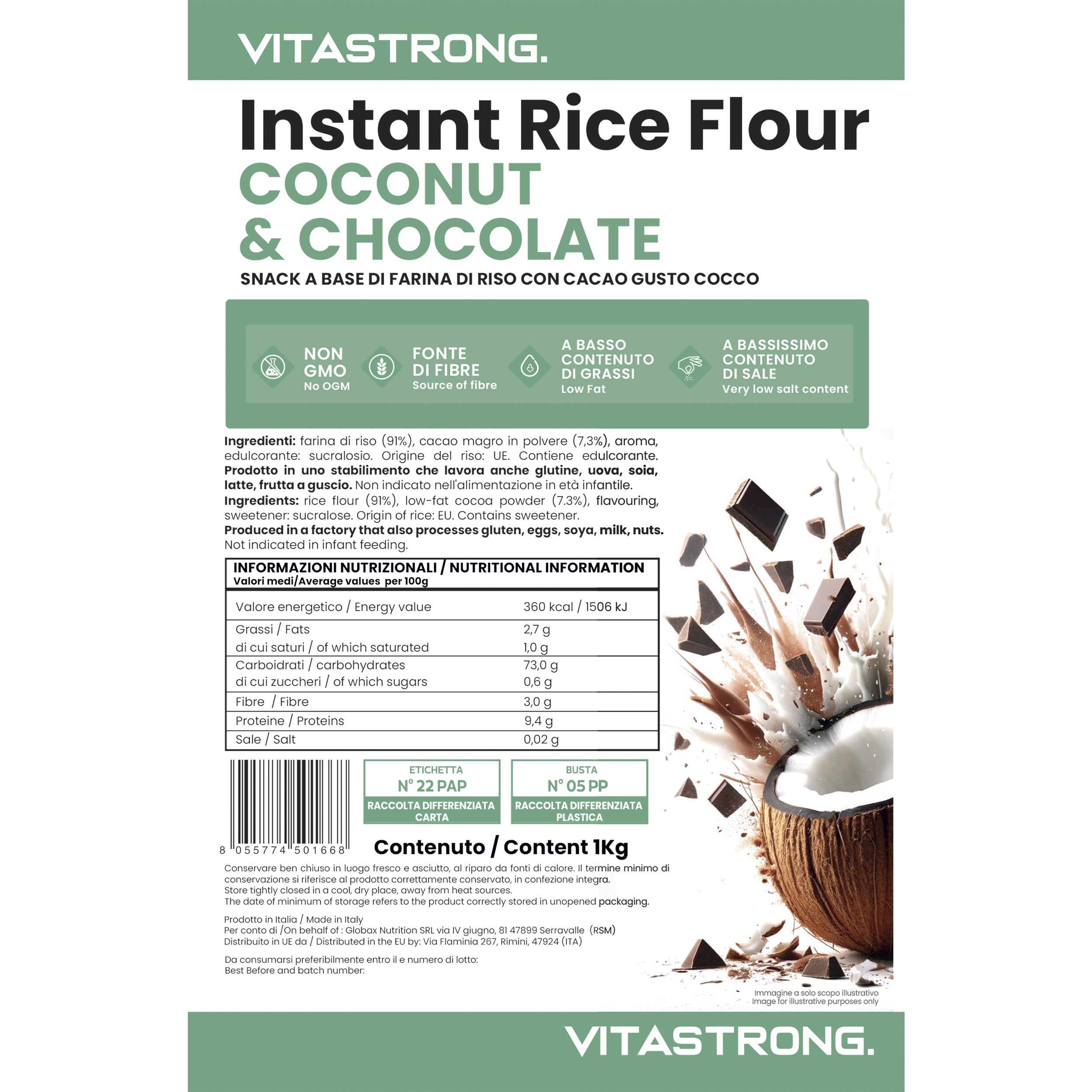 Confezione di Vitastrong Instant Rice Flour Coconut & Chocolate. Testo bianco su sfondo verde. Illustrazione di cocco e pezzi di cioccolato.