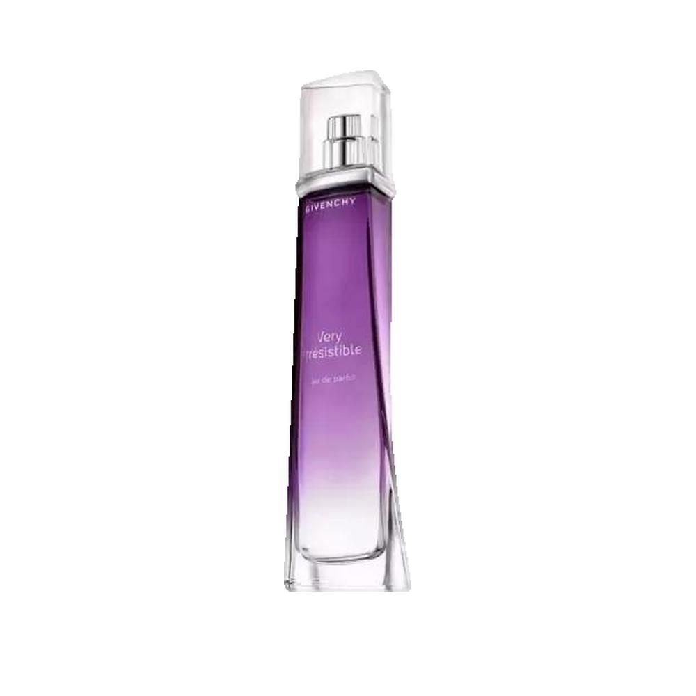 Flacone di profumo sfumato viola, vaporizzatore argento, scritta "Very Irresistible" e "Givenchy".