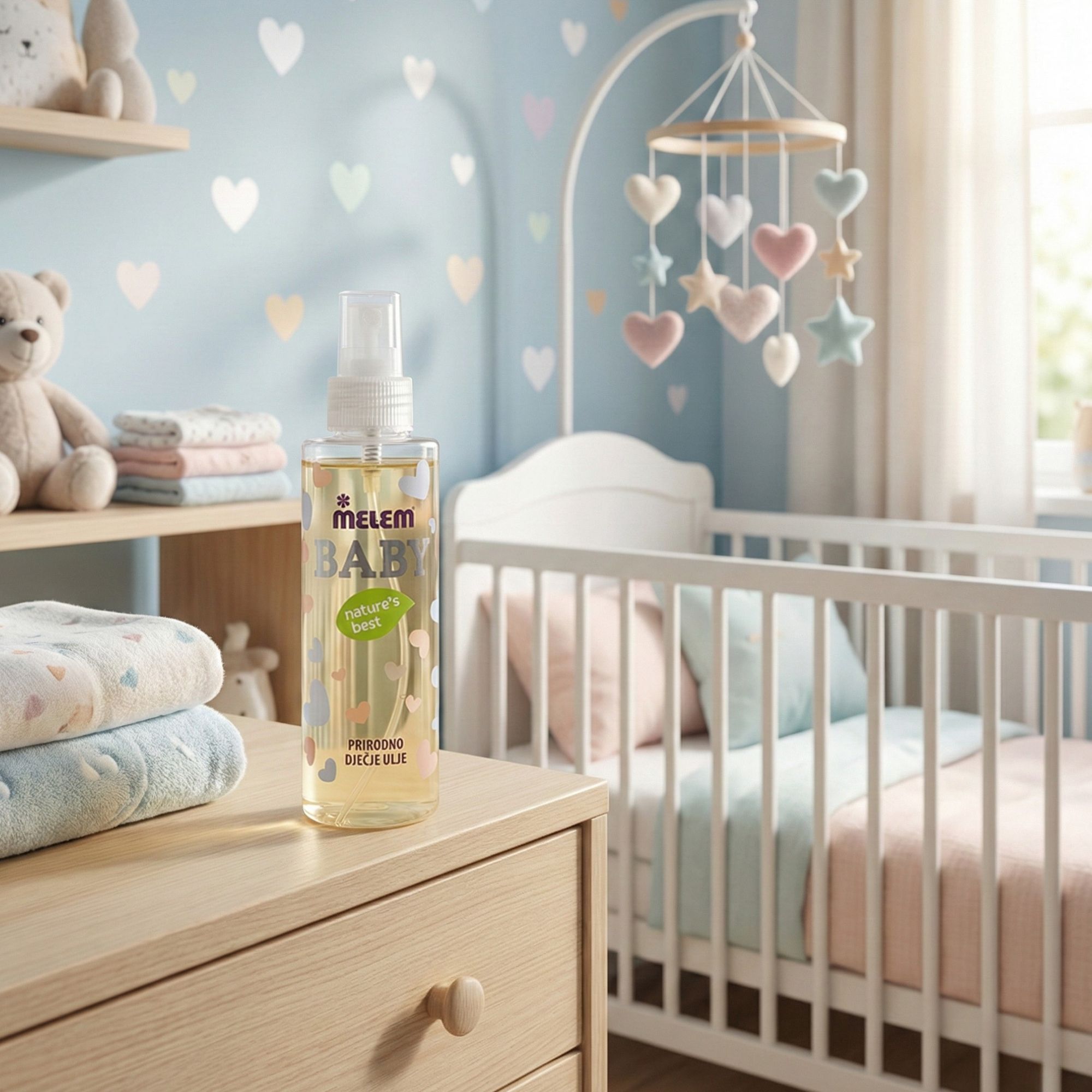 Una bottiglia di olio per bambini Melem su un tavolo. Culla e giocattoli sullo sfondo. Il nome del marchio è visibile.