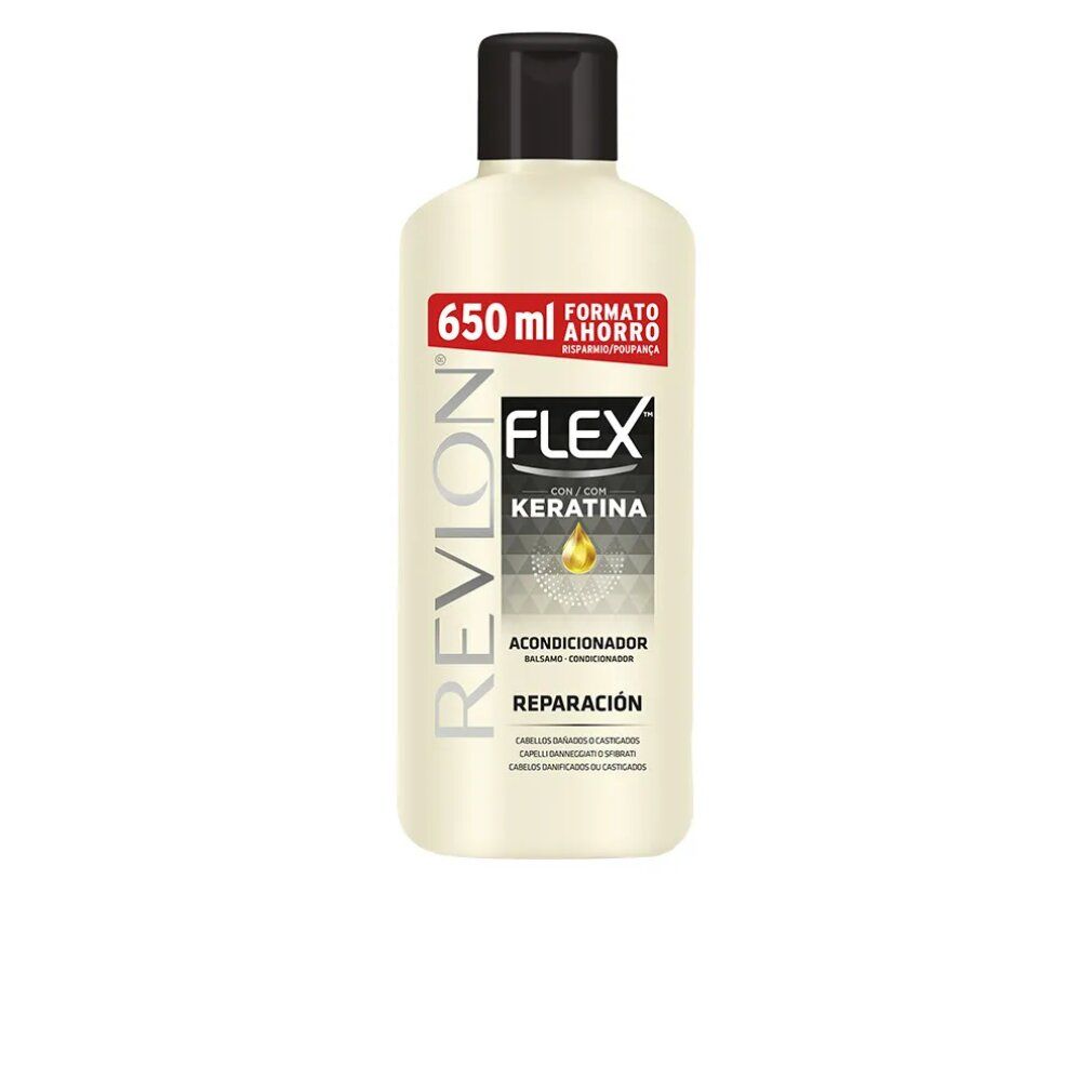 Flacone Revlon Flex Conditioner. Tappo nero, flacone crema. Scritte: Flex, Cheratina, 650 ml.