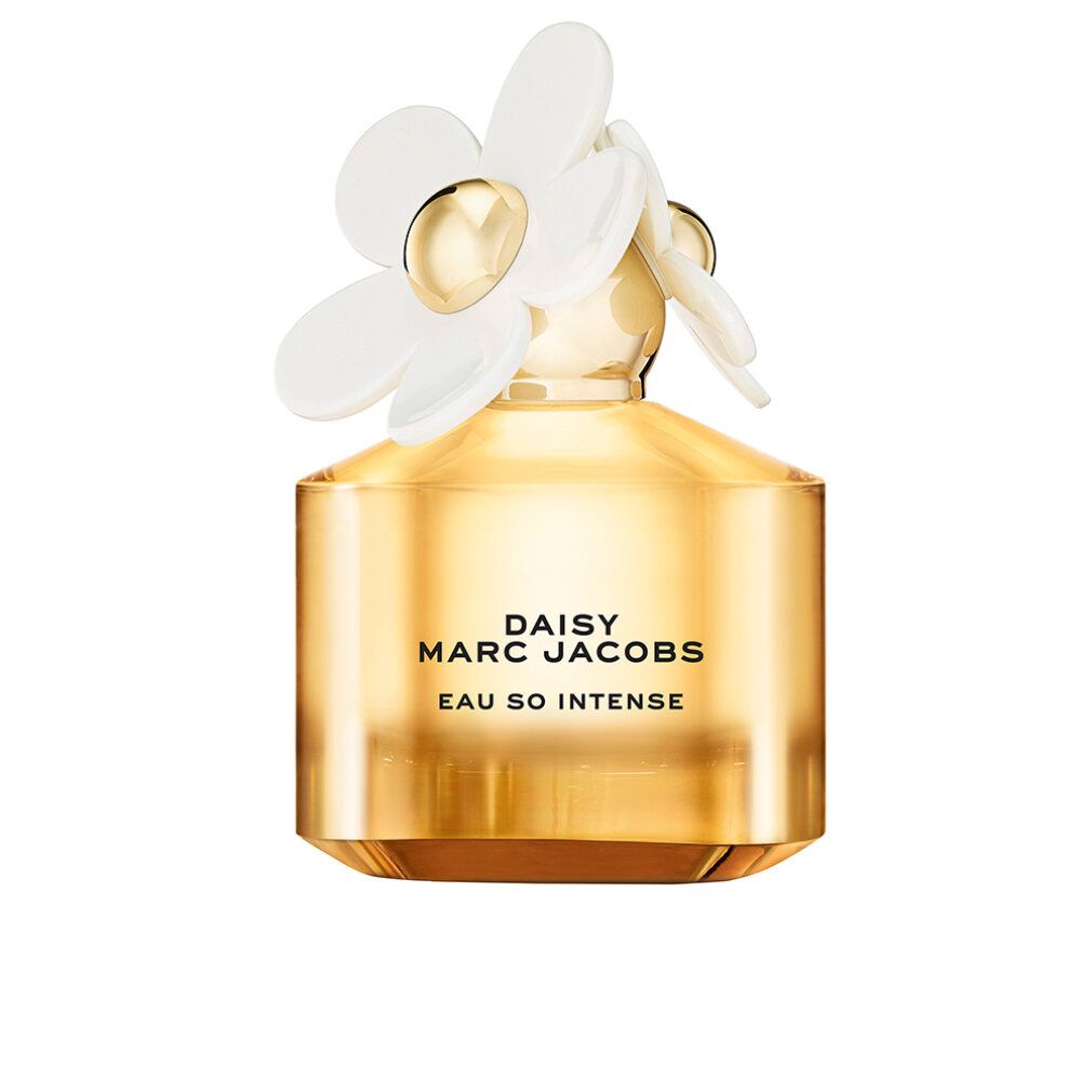 Flacone dorato con fiore bianco. Scritta: Daisy Marc Jacobs Eau So Intense.