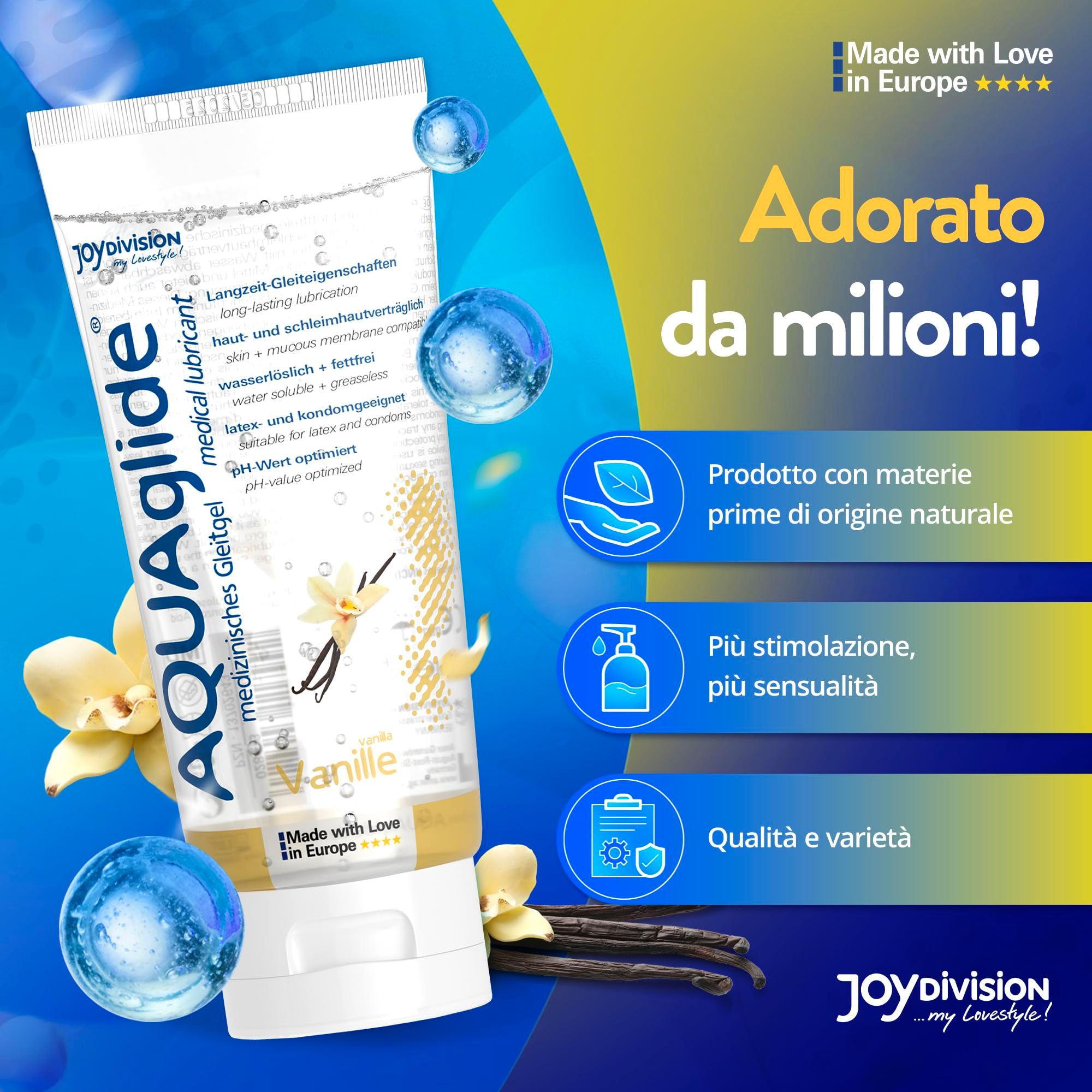 Tubo di gel lubrificante AQUAGLIDE Vaniglia con icone per ingredienti naturali, stimolazione e qualità.