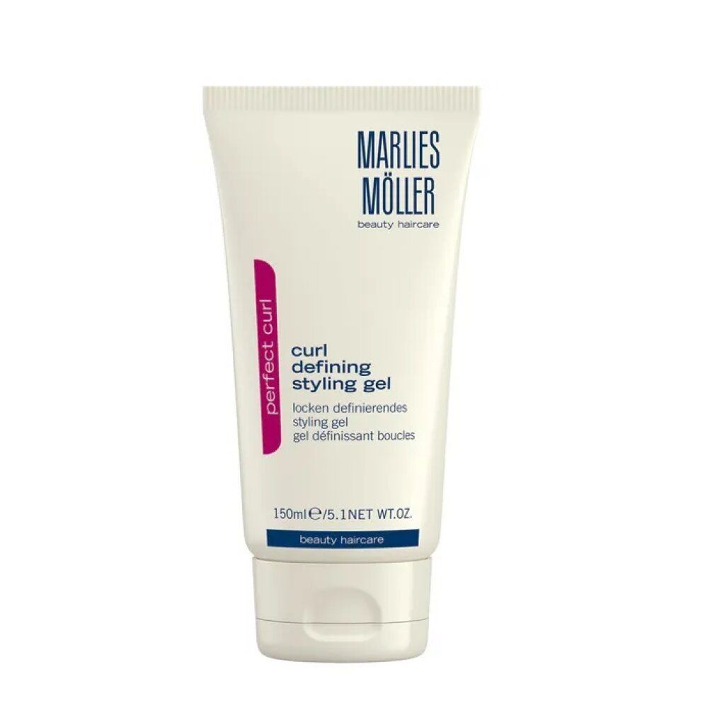 Tubo bianco con testo. Striscia rosa con "perfect curl". Testo: "curl defining styling gel". Marchio: Marlies Möller.