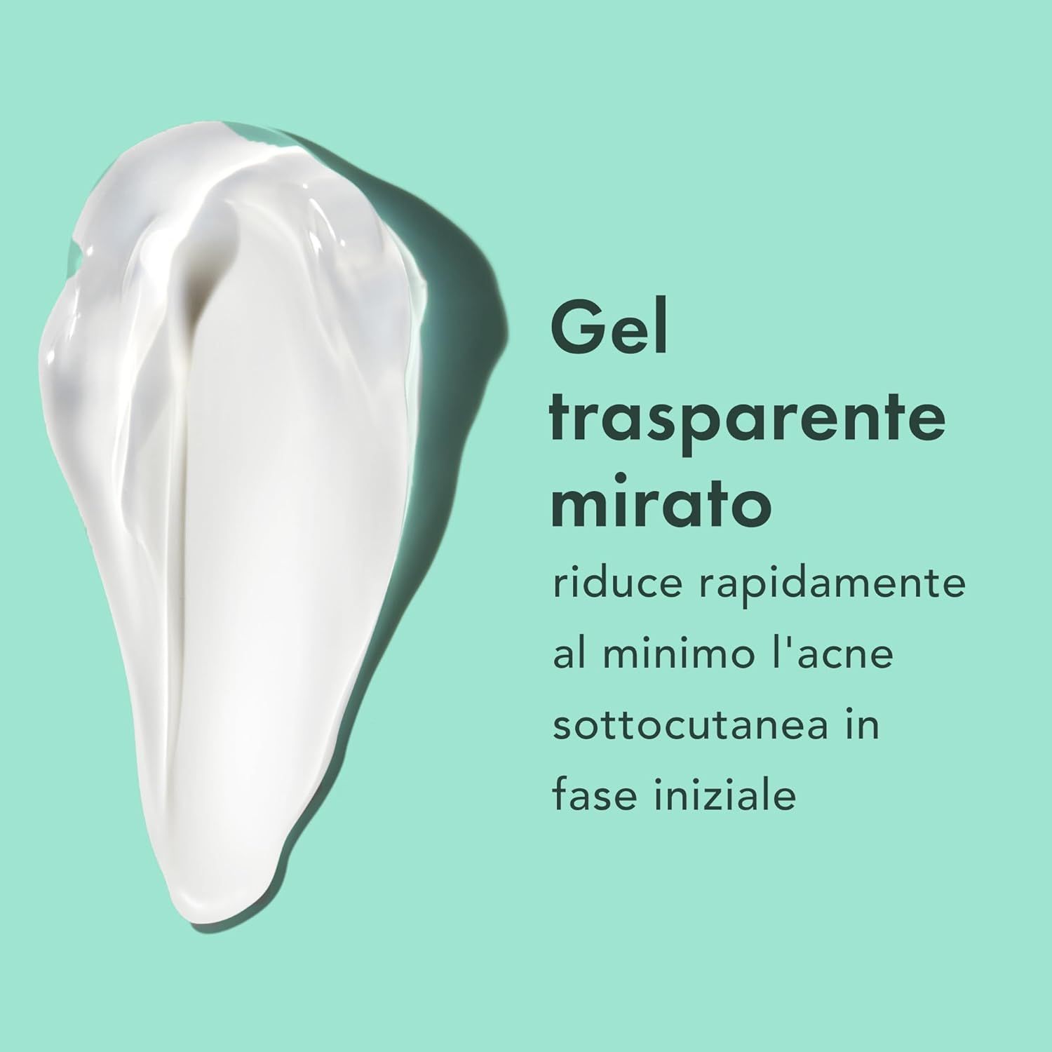 Gel bianco. Testo: Gel mirato. Riduce l'acne in fase iniziale.