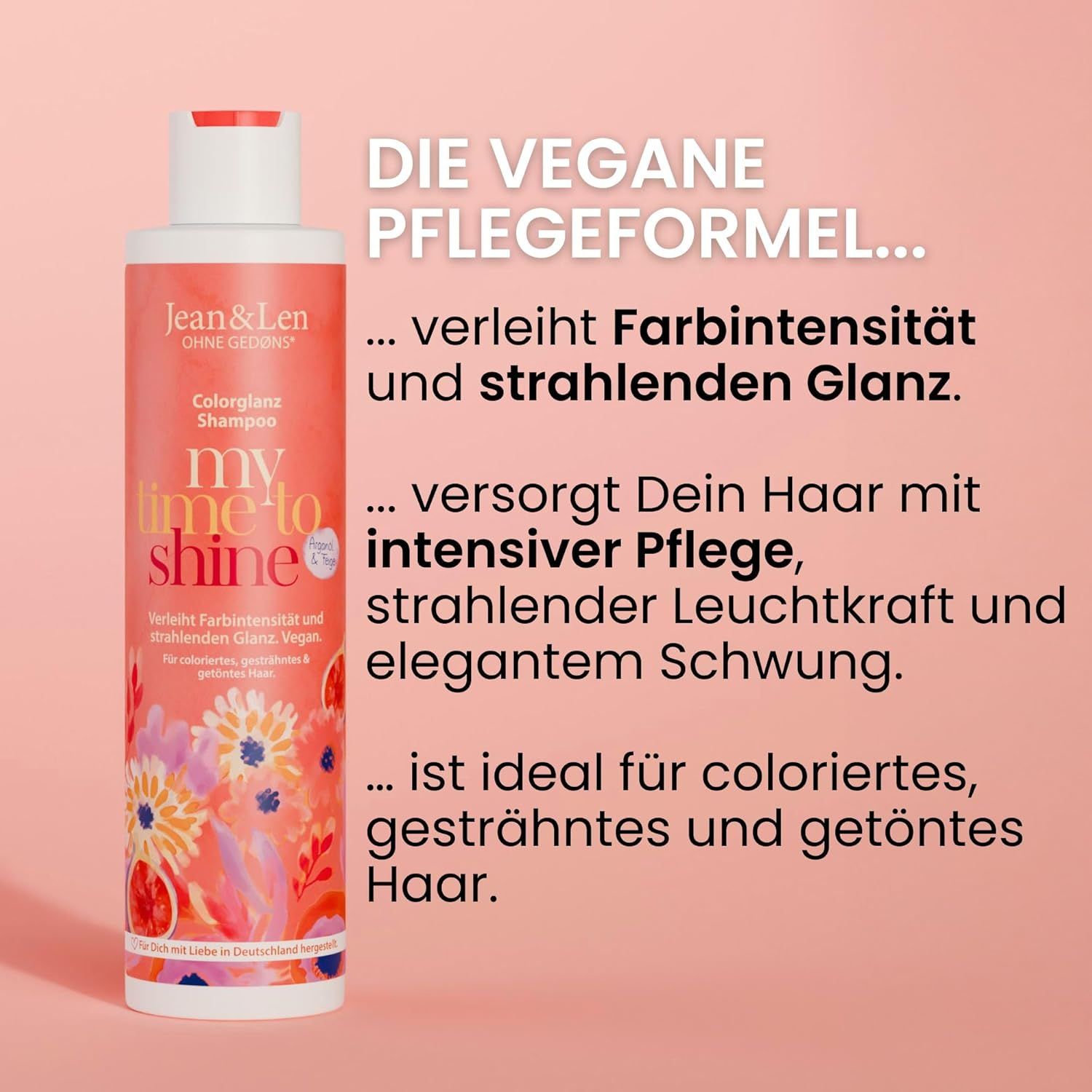 Sfondo rosa con testo sulla formula di cura vegana. Flacone di shampoo con scritta: Jean & Len, Color Gloss Shampoo.